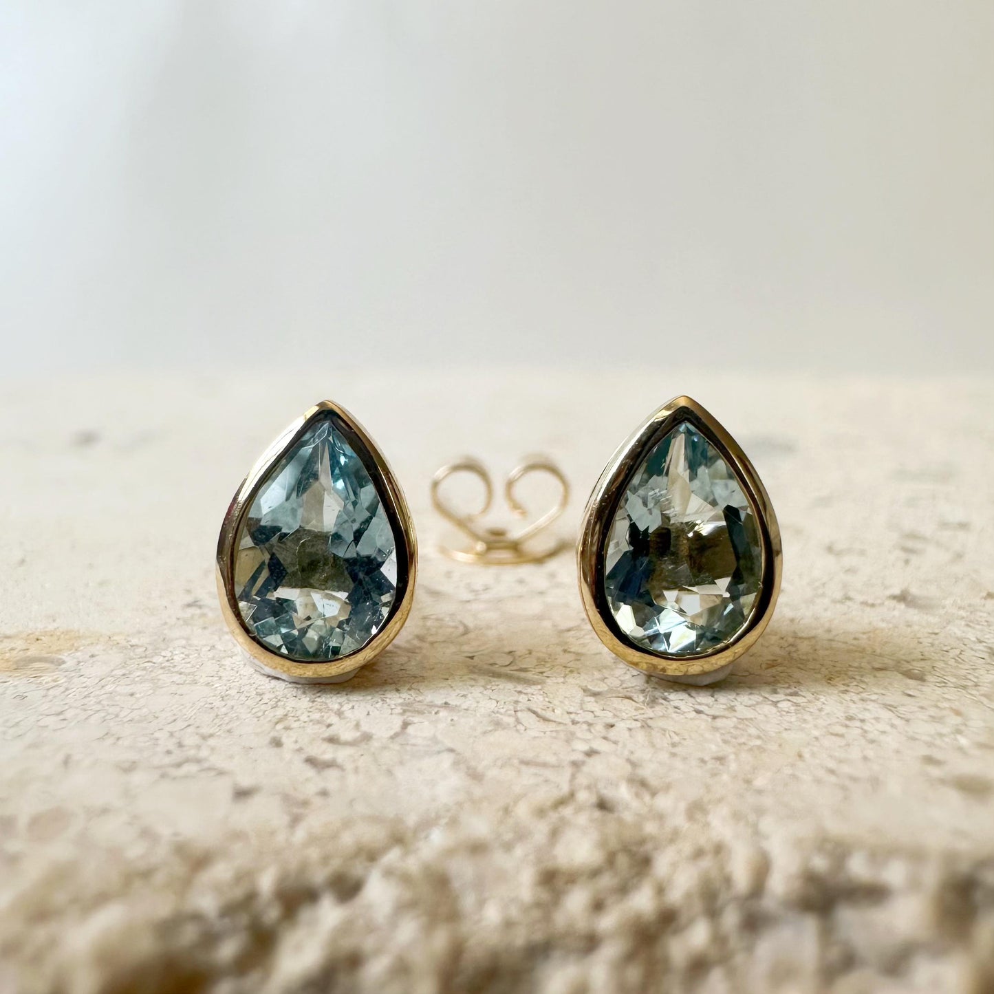 14K Solid Gold Genuine Teardrop Aquamarine Bezel Studs/Pair