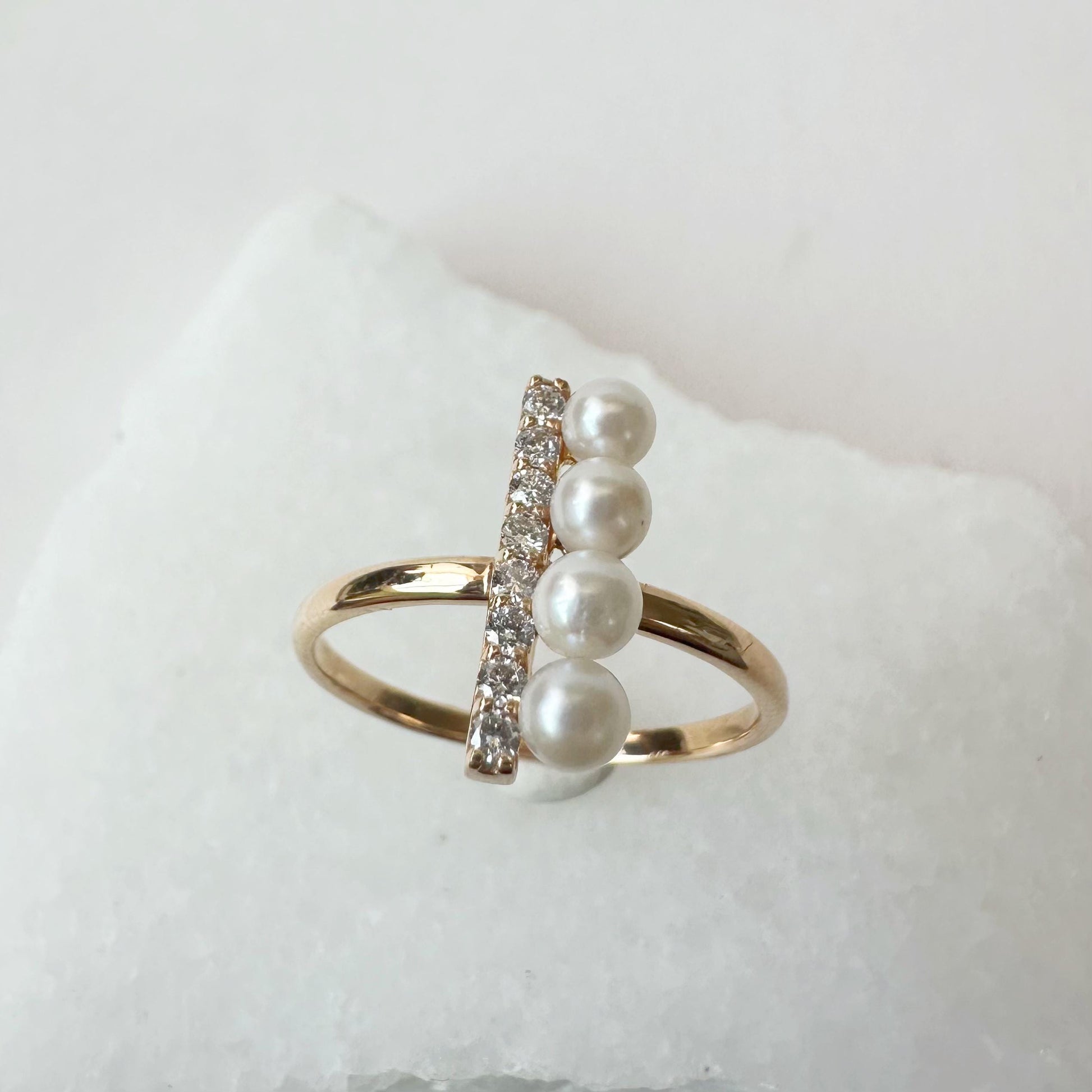 18K Solid Rose Gold Genuine Akoya Pearl and Diamond Bar Ring