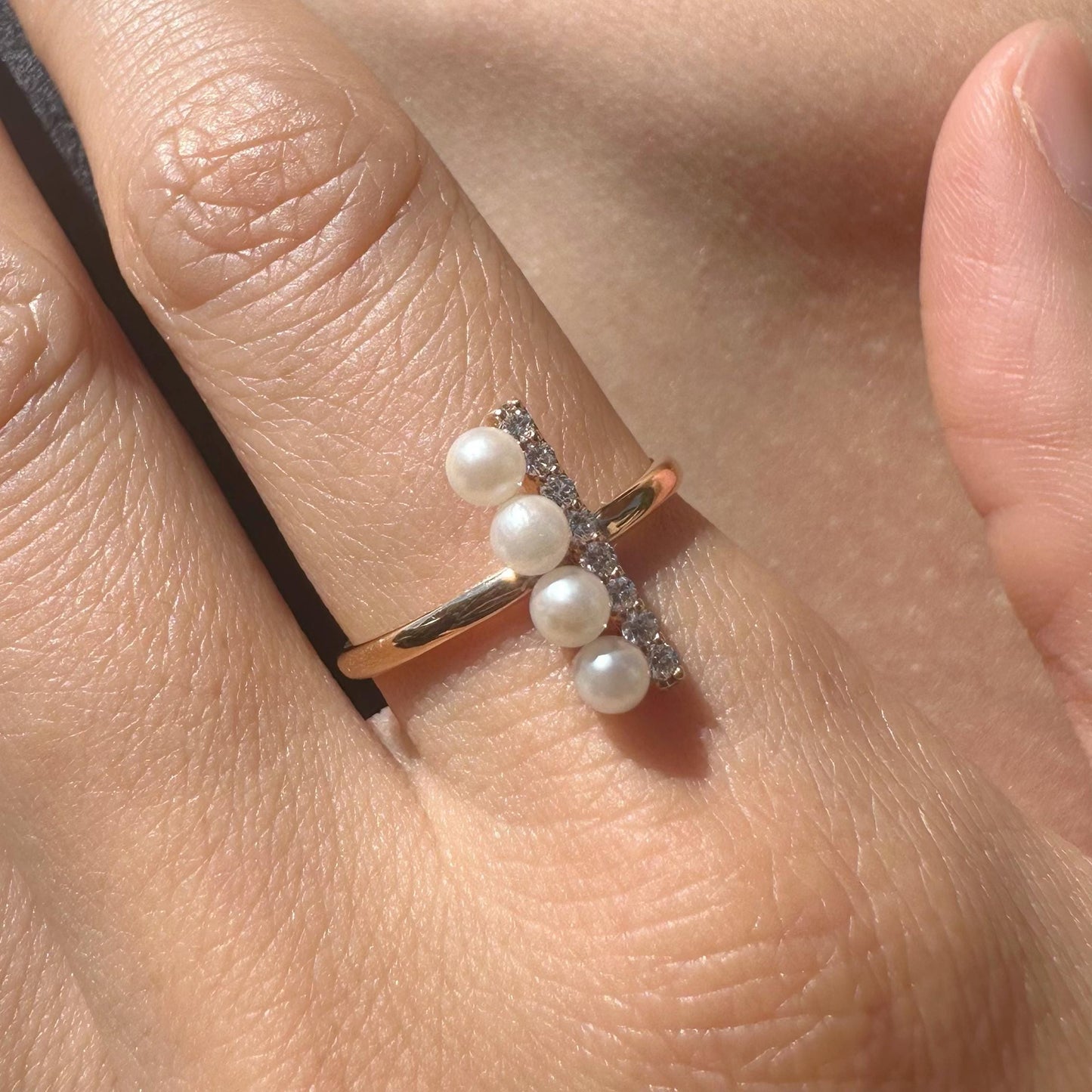 18K Solid Rose Gold Genuine Akoya Pearl and Diamond Bar Ring