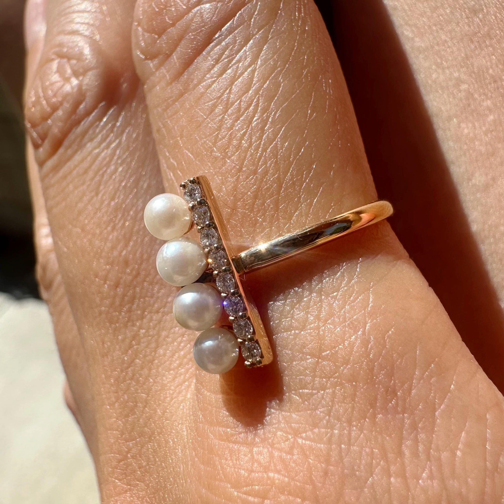 18K Solid Rose Gold Genuine Akoya Pearl and Diamond Bar Ring