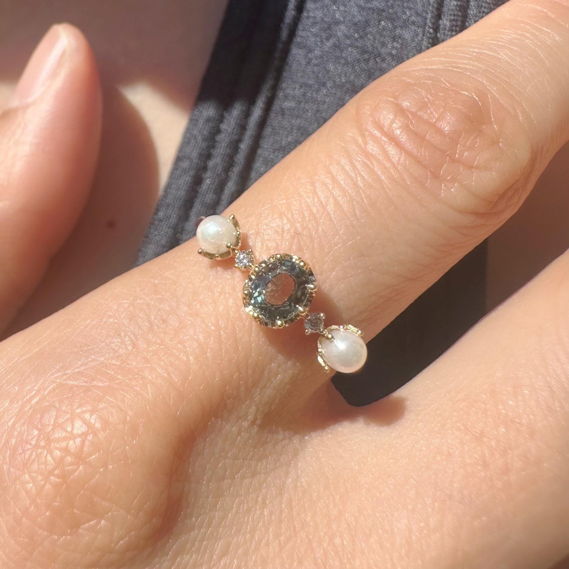 18K Solid White Gold Genuine Green Sapphire and Akoya Pearl Ring