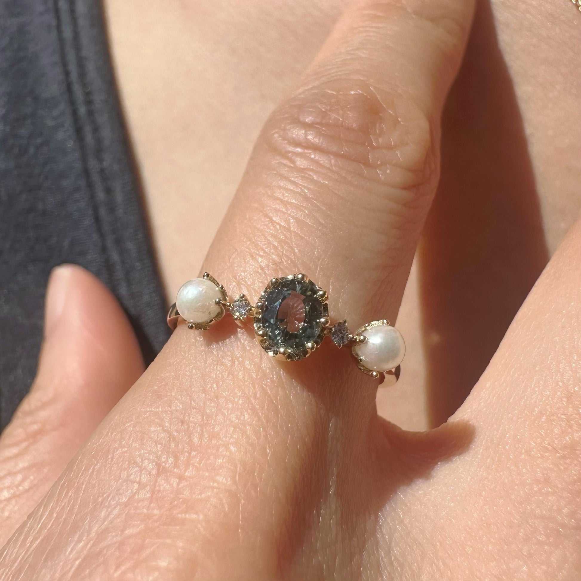 18K Solid White Gold Genuine Green Sapphire and Akoya Pearl Ring