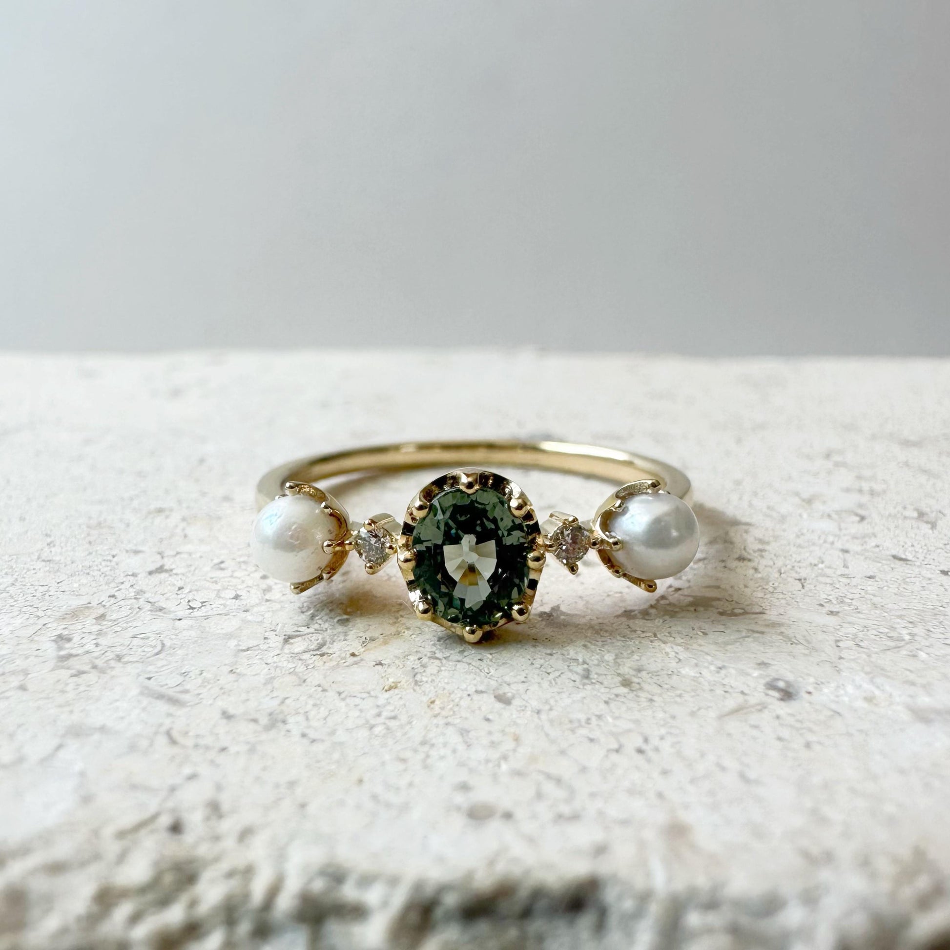 14K Solid Gold Genuine Green Sapphire and Akoya Pearl Ring