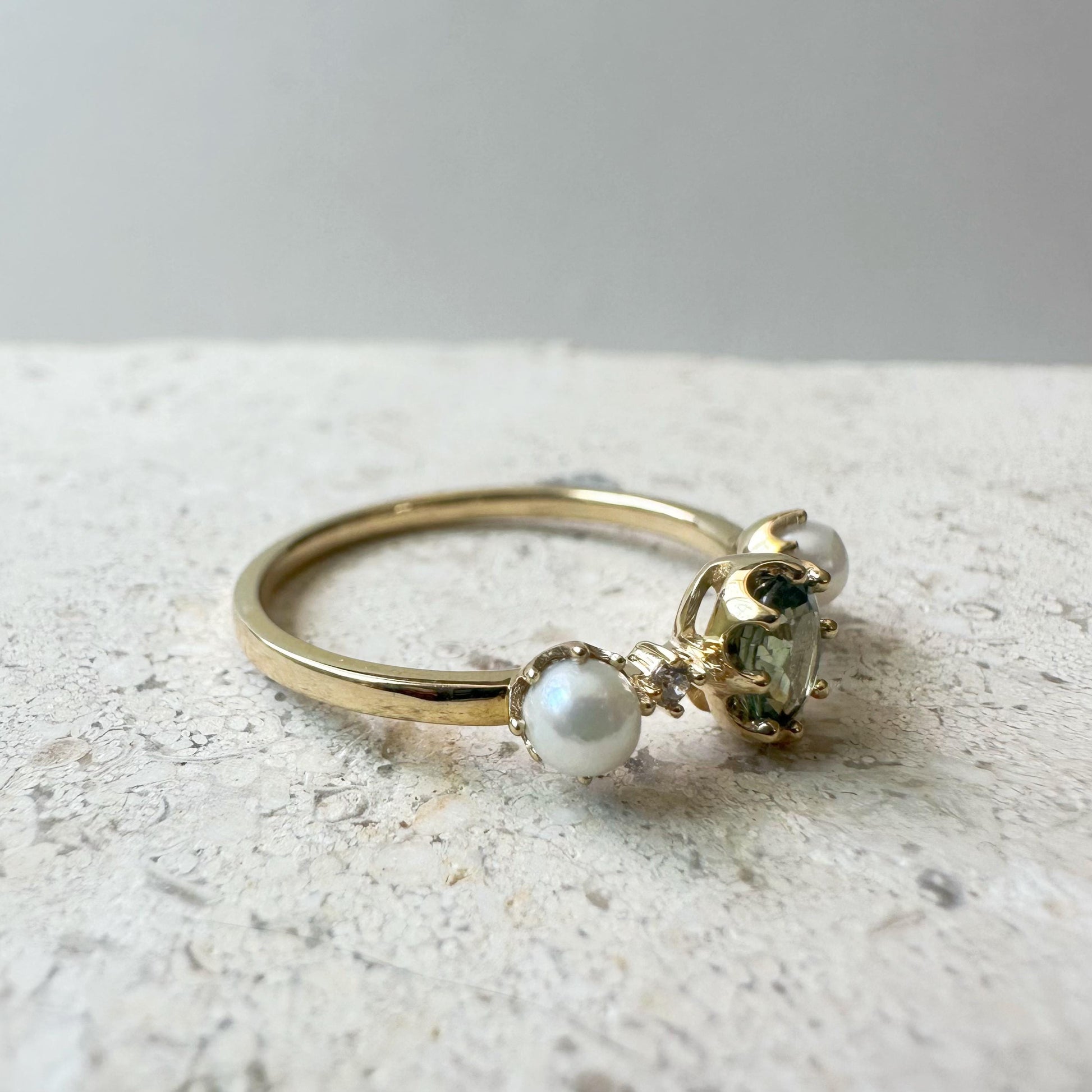 18K Solid White Gold Genuine Green Sapphire and Akoya Pearl Ring