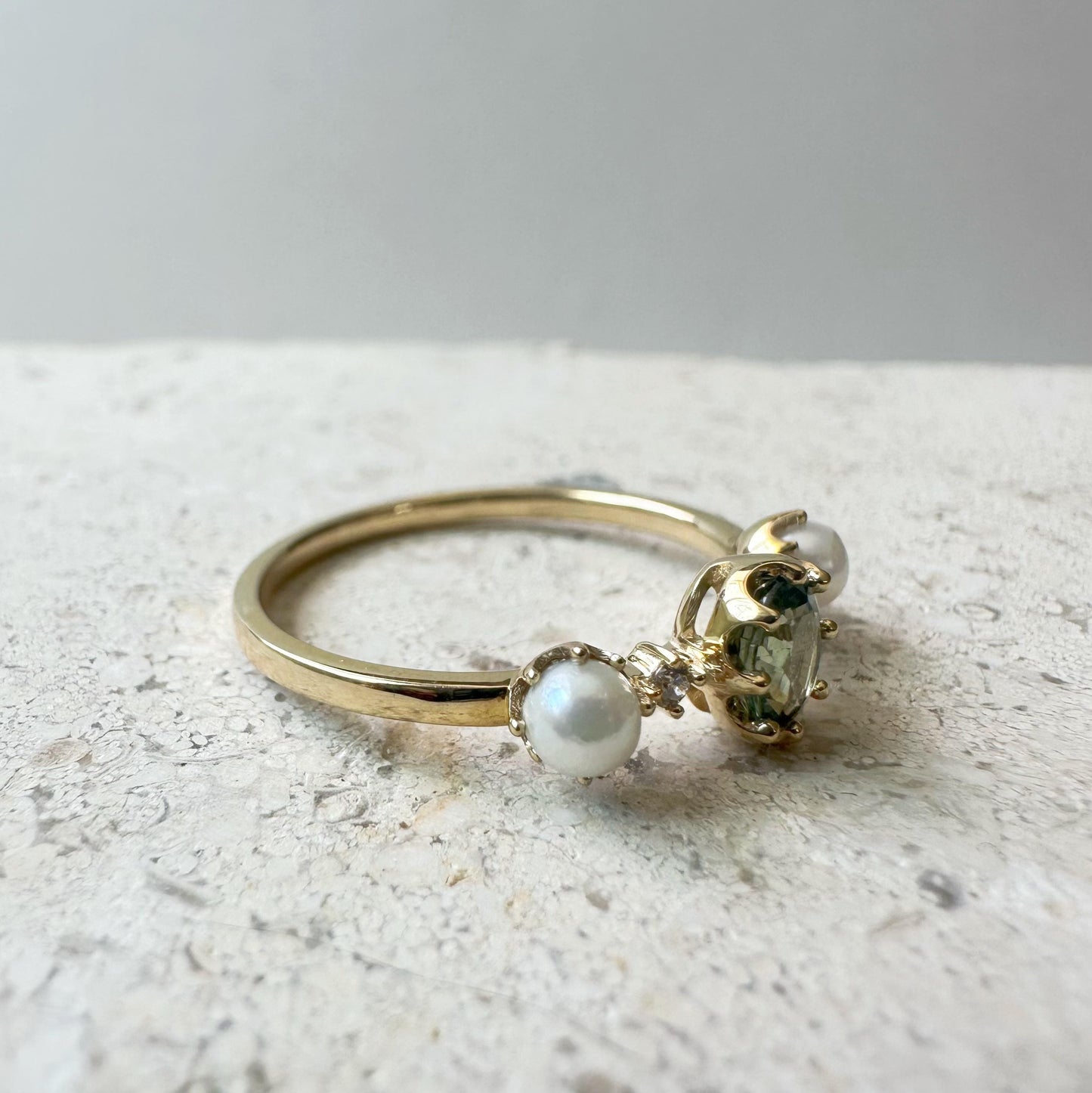 18K Solid White Gold Genuine Green Sapphire and Akoya Pearl Ring
