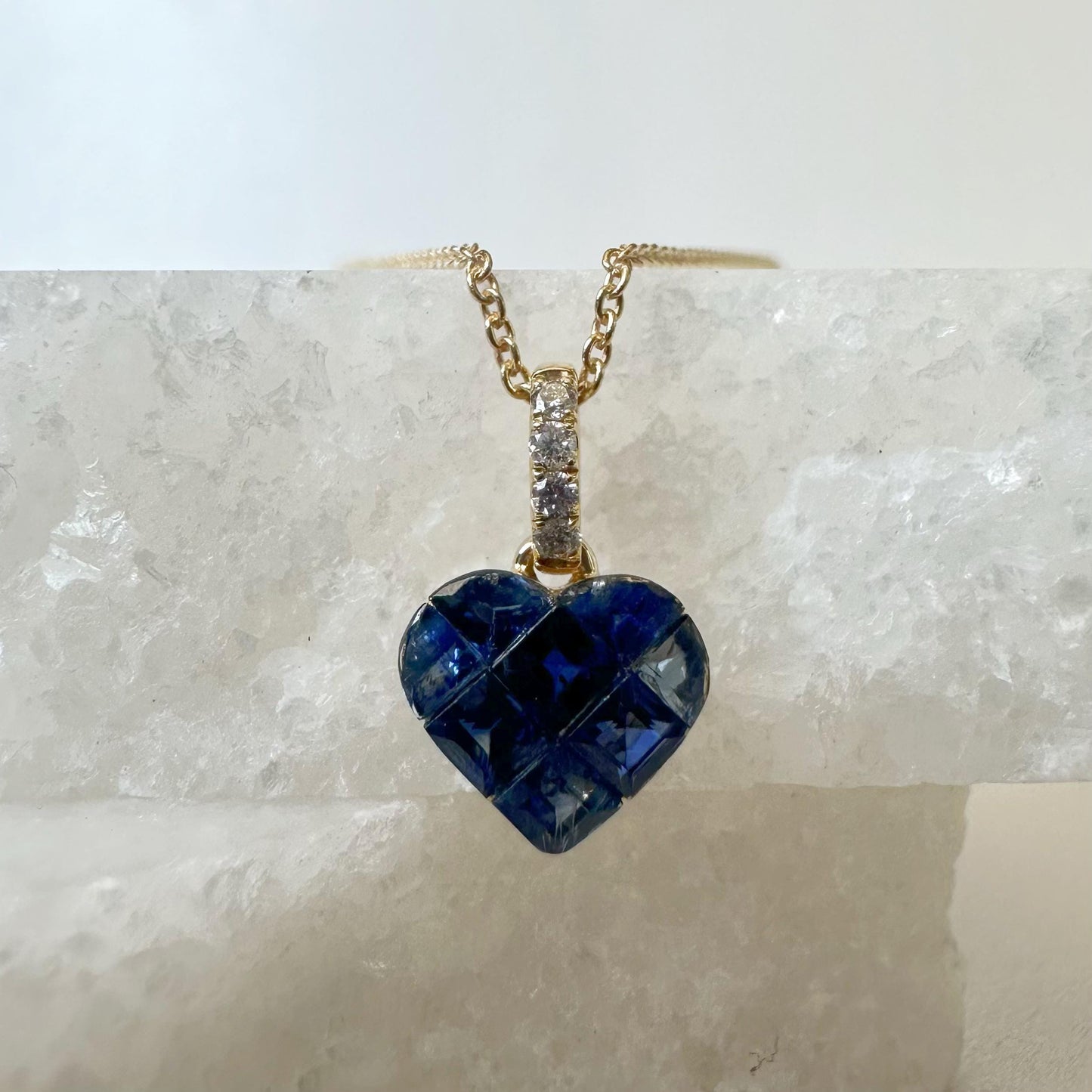 14K Solid Gold Genuine Sapphire and Diamond Heart Pendant