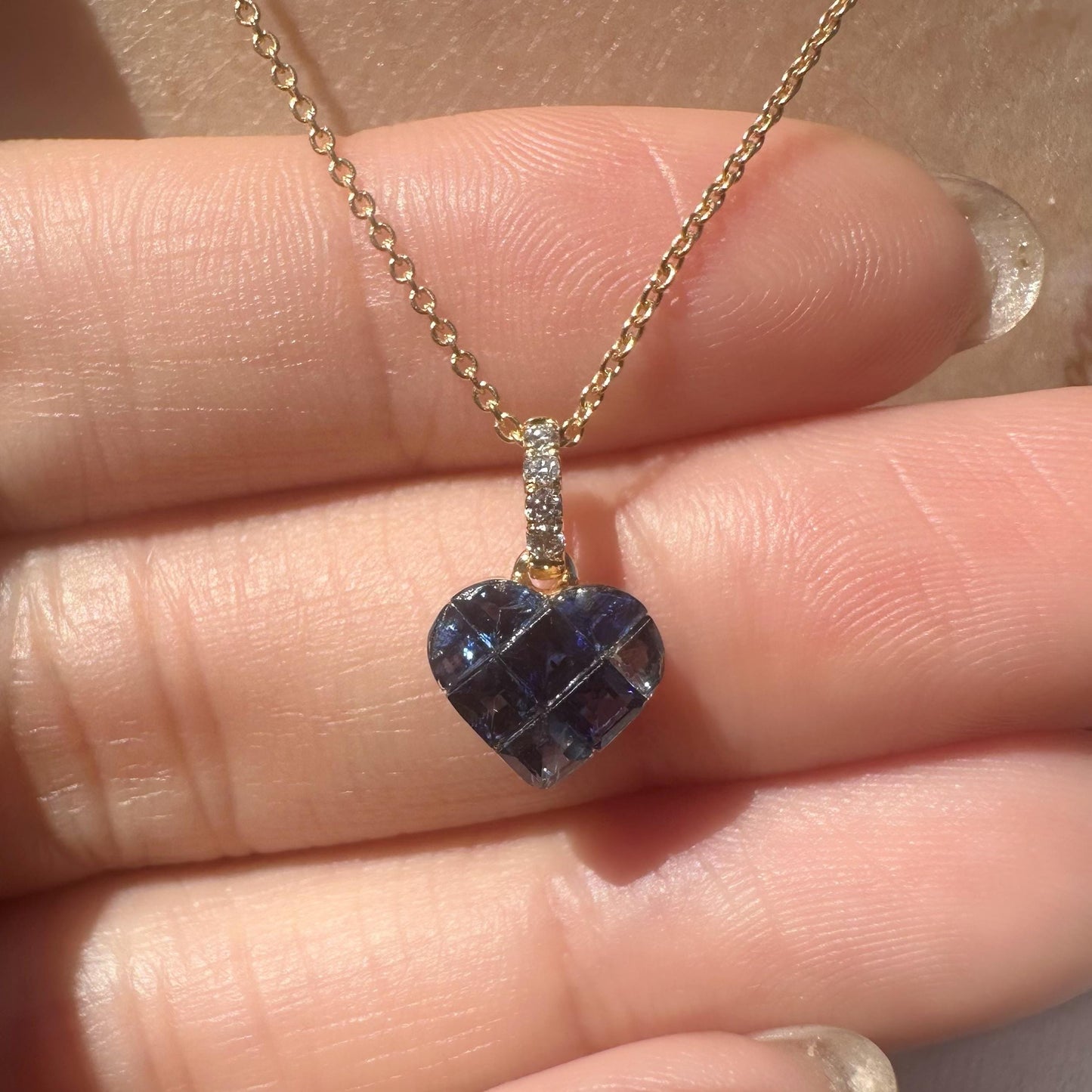 14K Solid Gold Genuine Sapphire and Diamond Heart Pendant