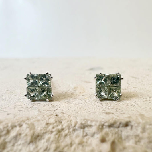 18K Solid White Gold Genuine Tetris Green Sapphire Square Studs/Pair