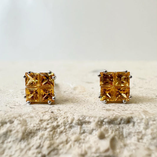 18K Solid White Gold Genuine Tetris Orange Sapphire Square Studs/Pair