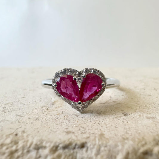 14K Solid White Gold Ruby and Diamond Heart Ring