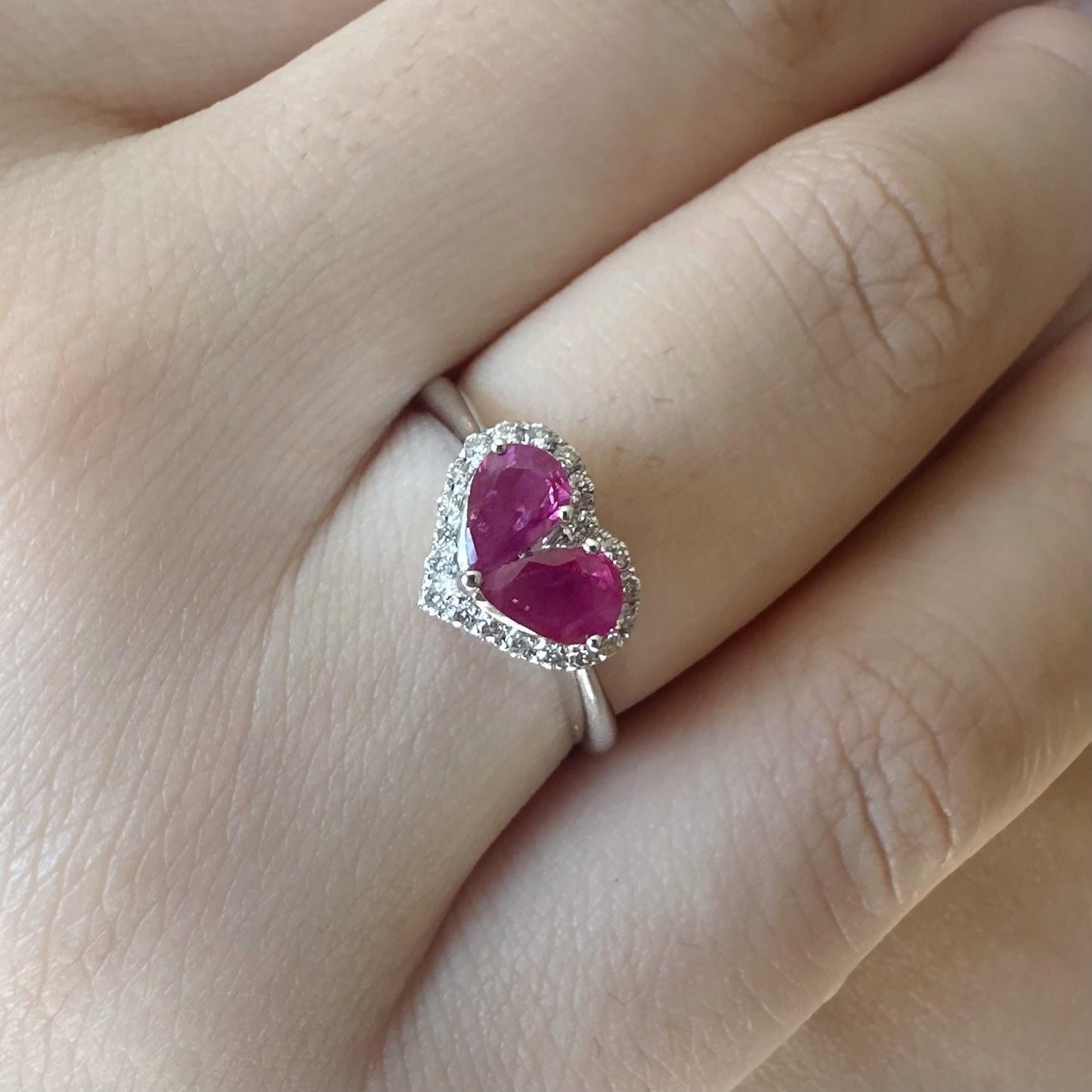 14K Solid White Gold Ruby and Diamond Heart Ring