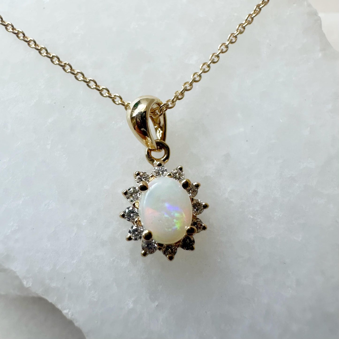 14K Solid Gold Genuine Opal and Diamond Pendant