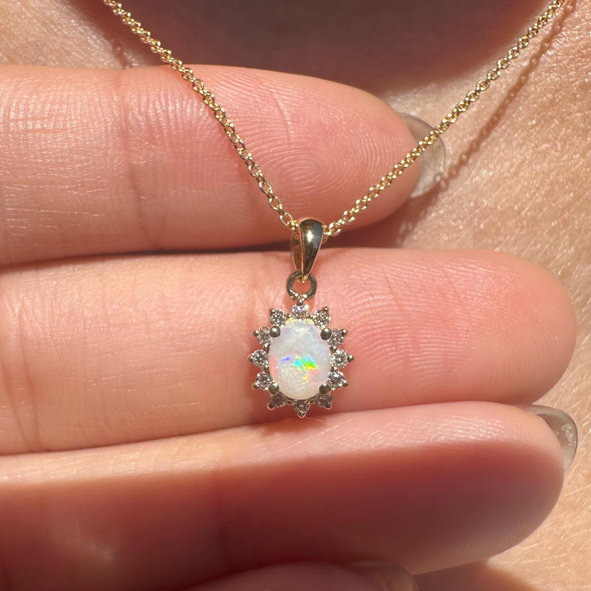 14K Solid Gold Genuine Opal and Diamond Pendant