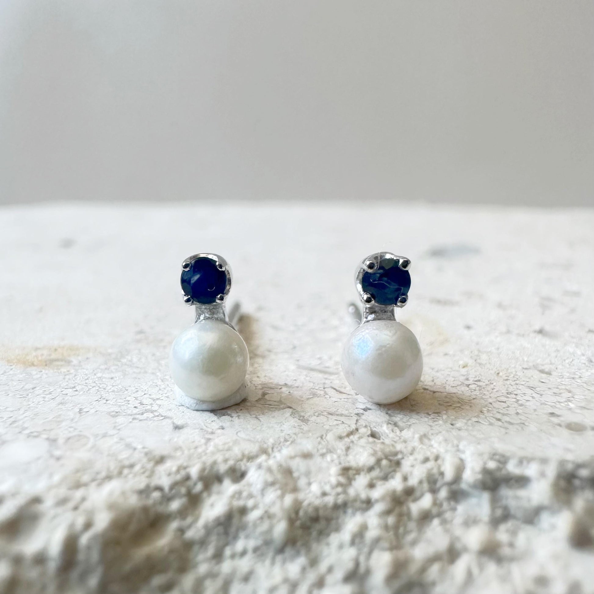 14K Solid Gold Genuine 3.5mm Mini Akoya Pearl and Sapphire Studs/Pair