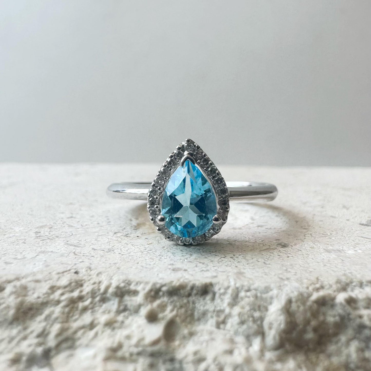 14K Solid Gold Genuine Blue Topaz and Diamond Teardrop Ring/Engagement Ring/Promise Ring