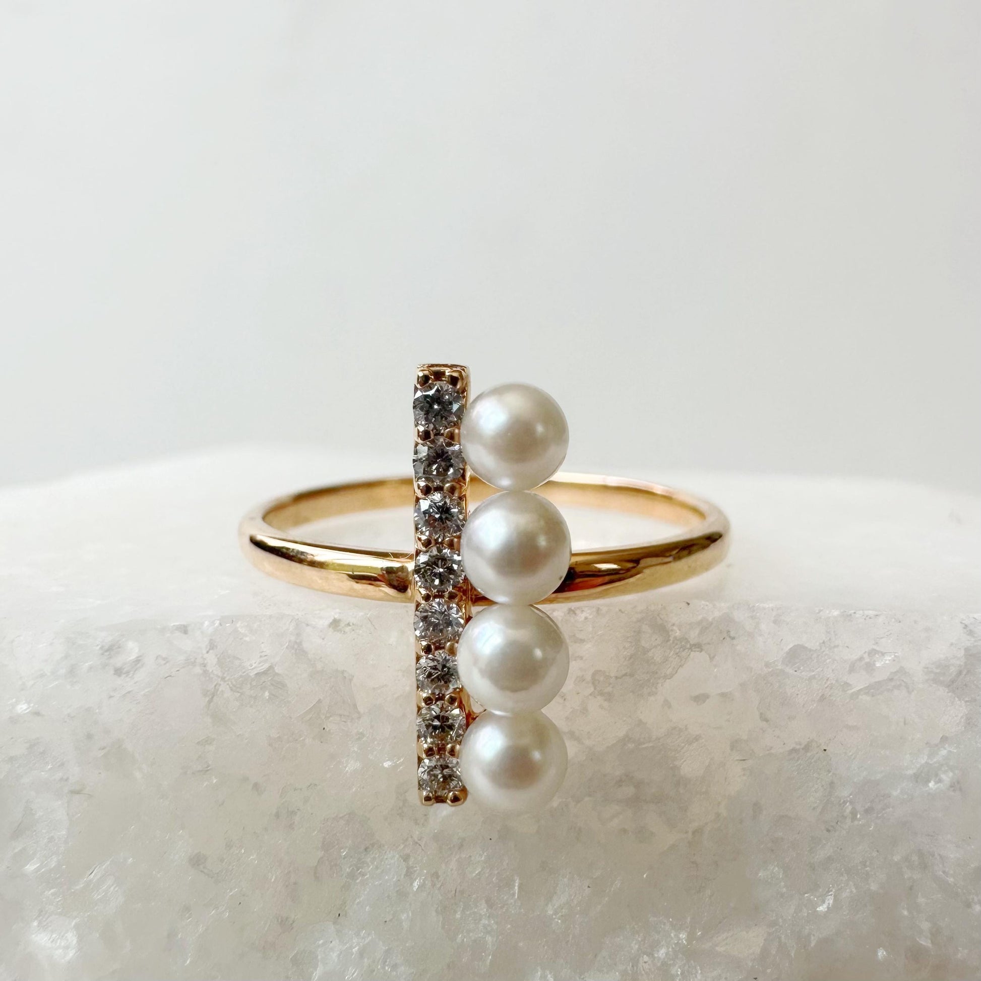 18K Solid Rose Gold Genuine Akoya Pearl and Diamond Bar Ring