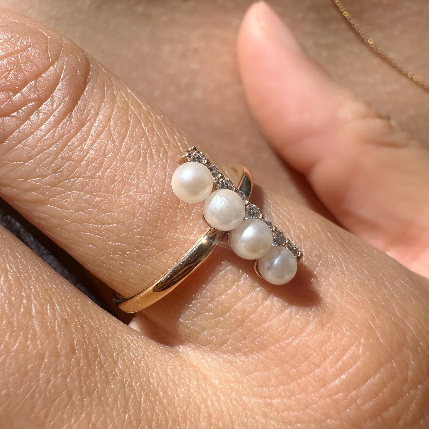 18K Solid Rose Gold Genuine Akoya Pearl and Diamond Bar Ring