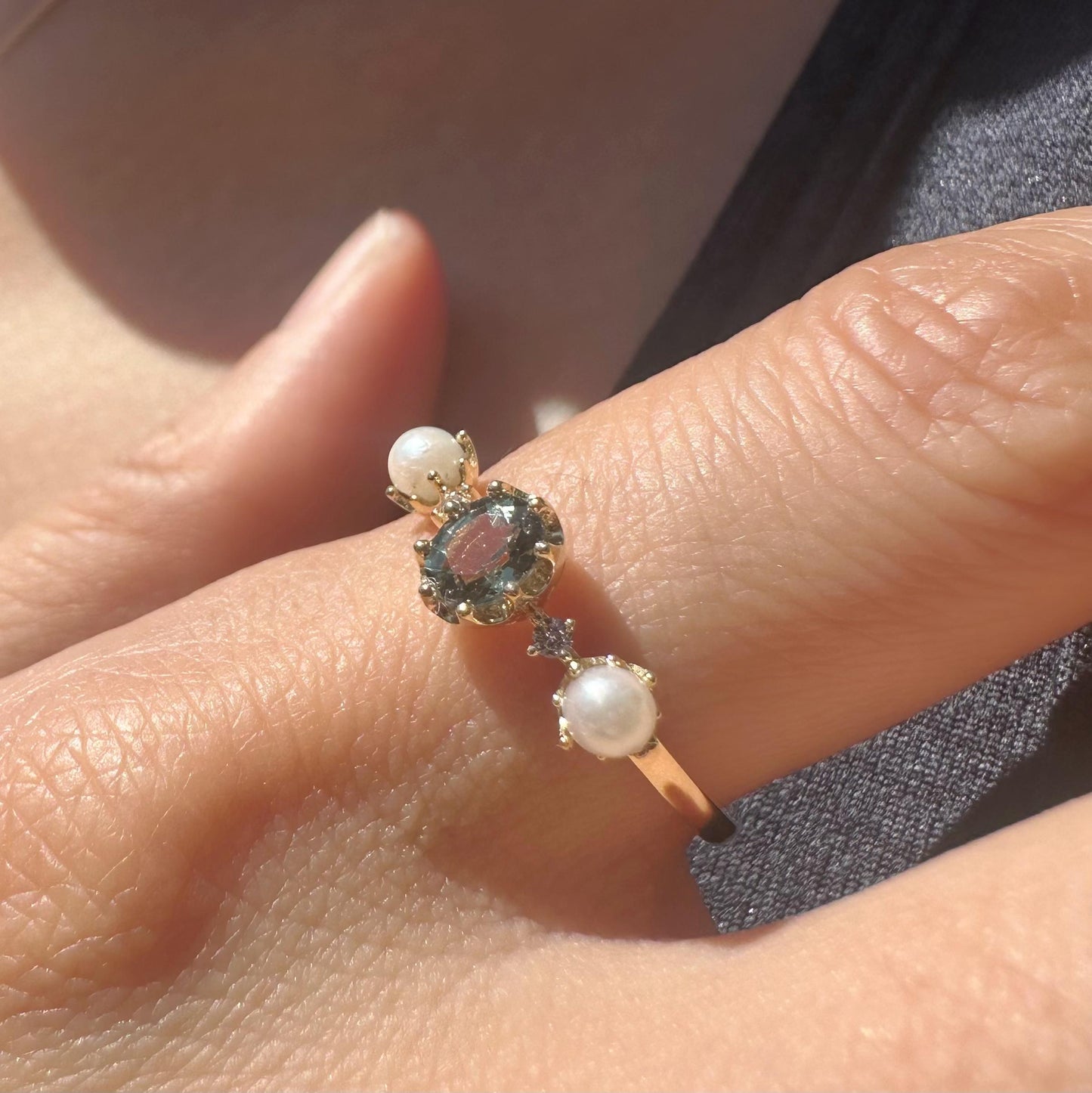 14K Solid Gold Genuine Green Sapphire and Akoya Pearl Ring