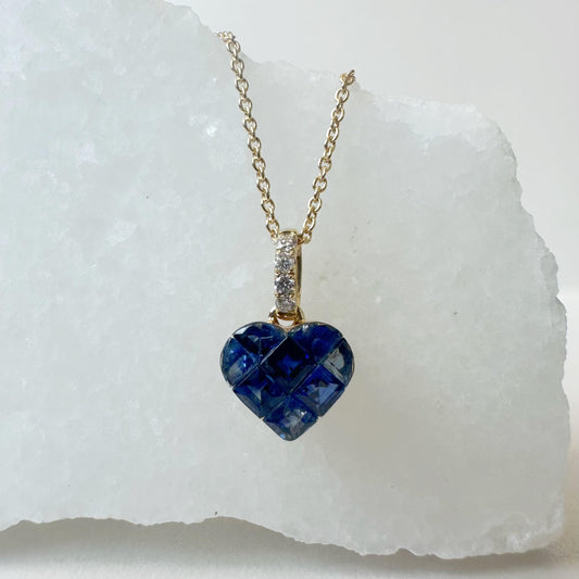 14K Solid Gold Genuine Sapphire and Diamond Heart Pendant