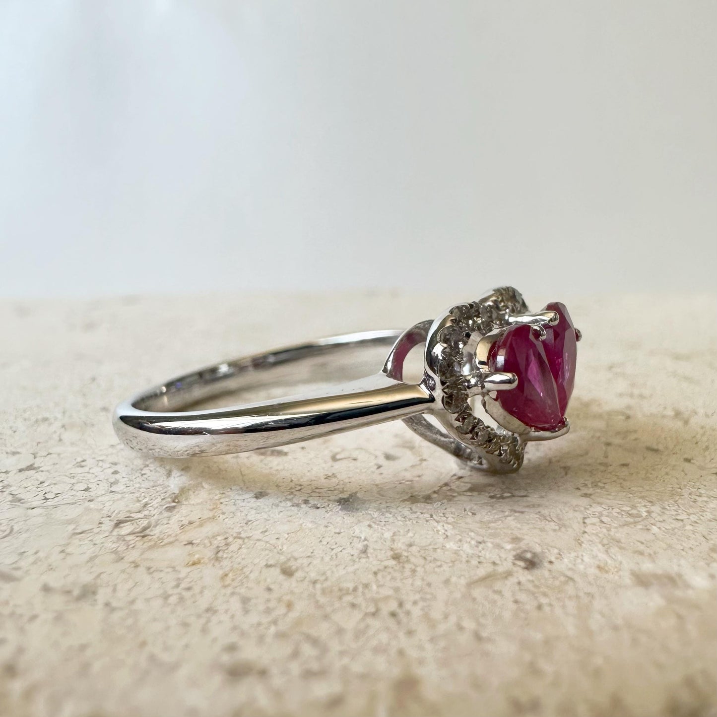 14K Solid White Gold Ruby and Diamond Heart Ring