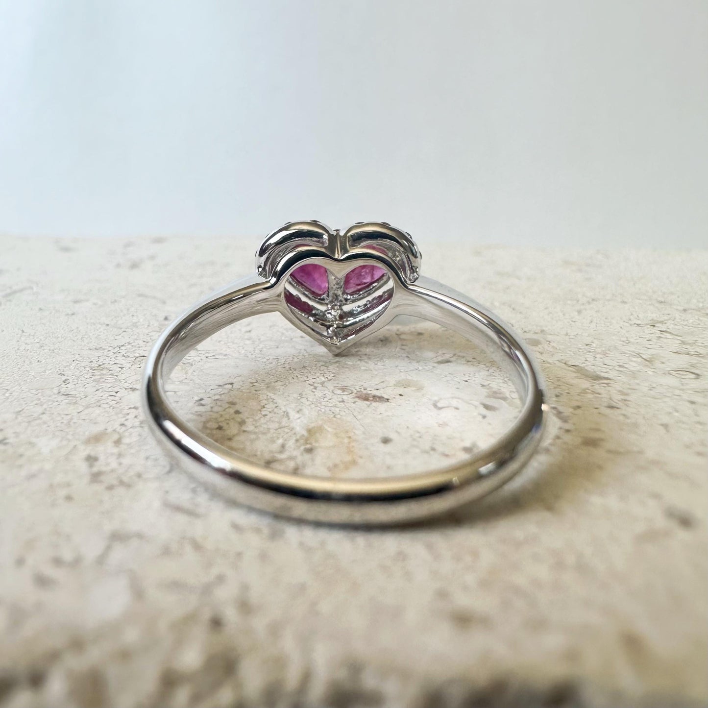 14K Solid White Gold Ruby and Diamond Heart Ring