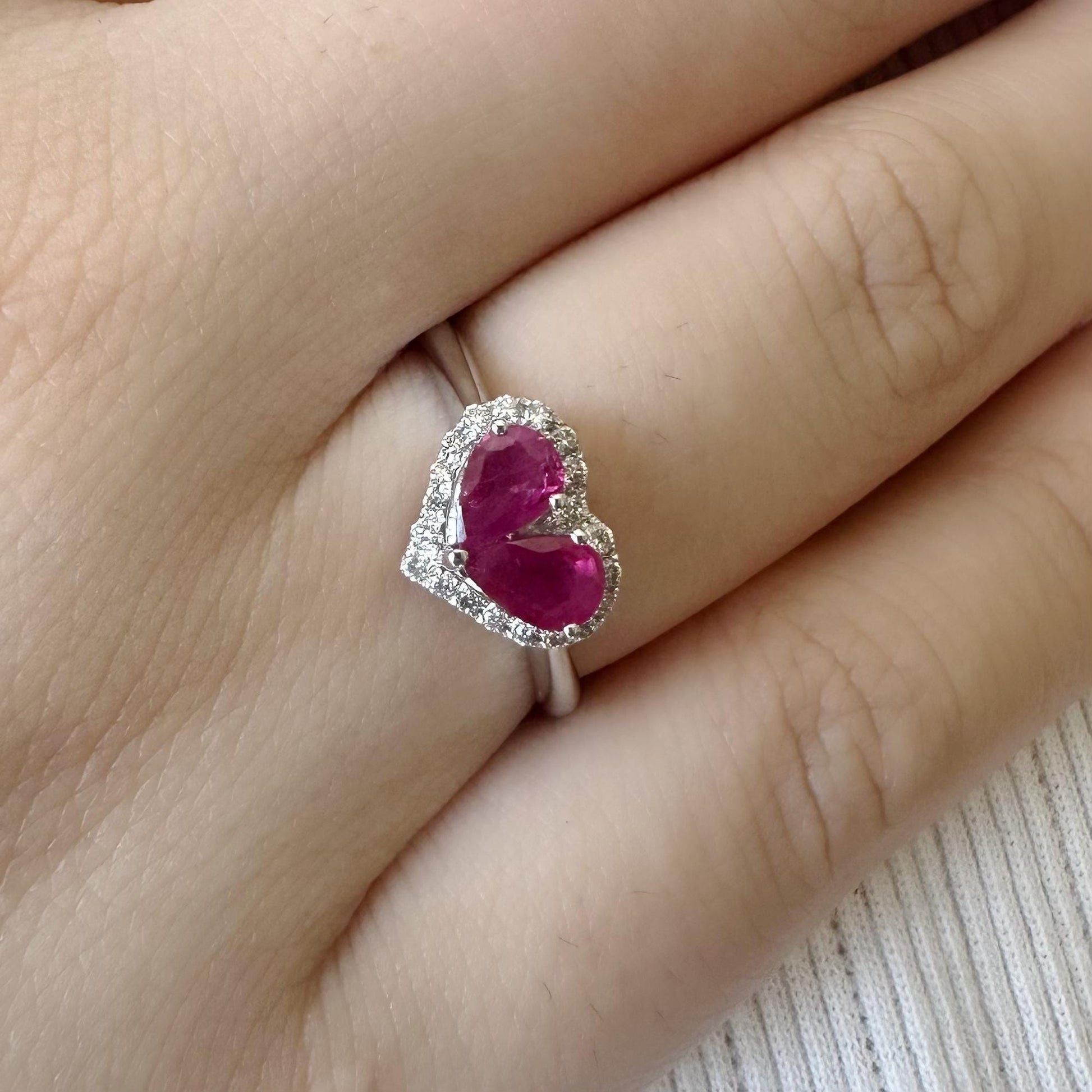 14K Solid White Gold Ruby and Diamond Heart Ring