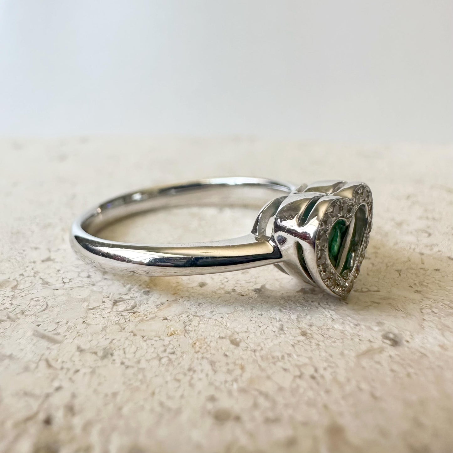 14K Solid White Gold Genuine Emerald and Diamond Heart Ring