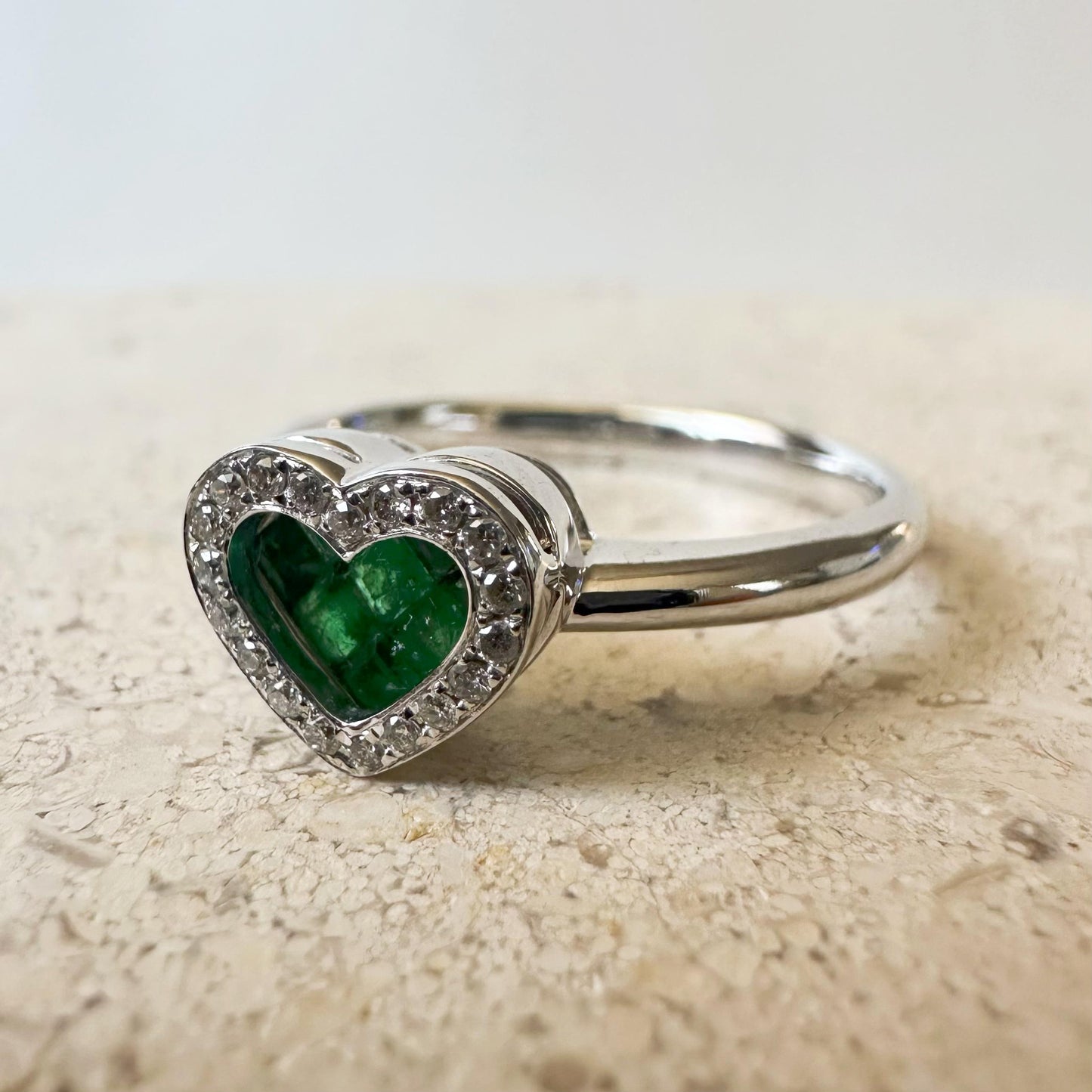 14K Solid White Gold Genuine Emerald and Diamond Heart Ring