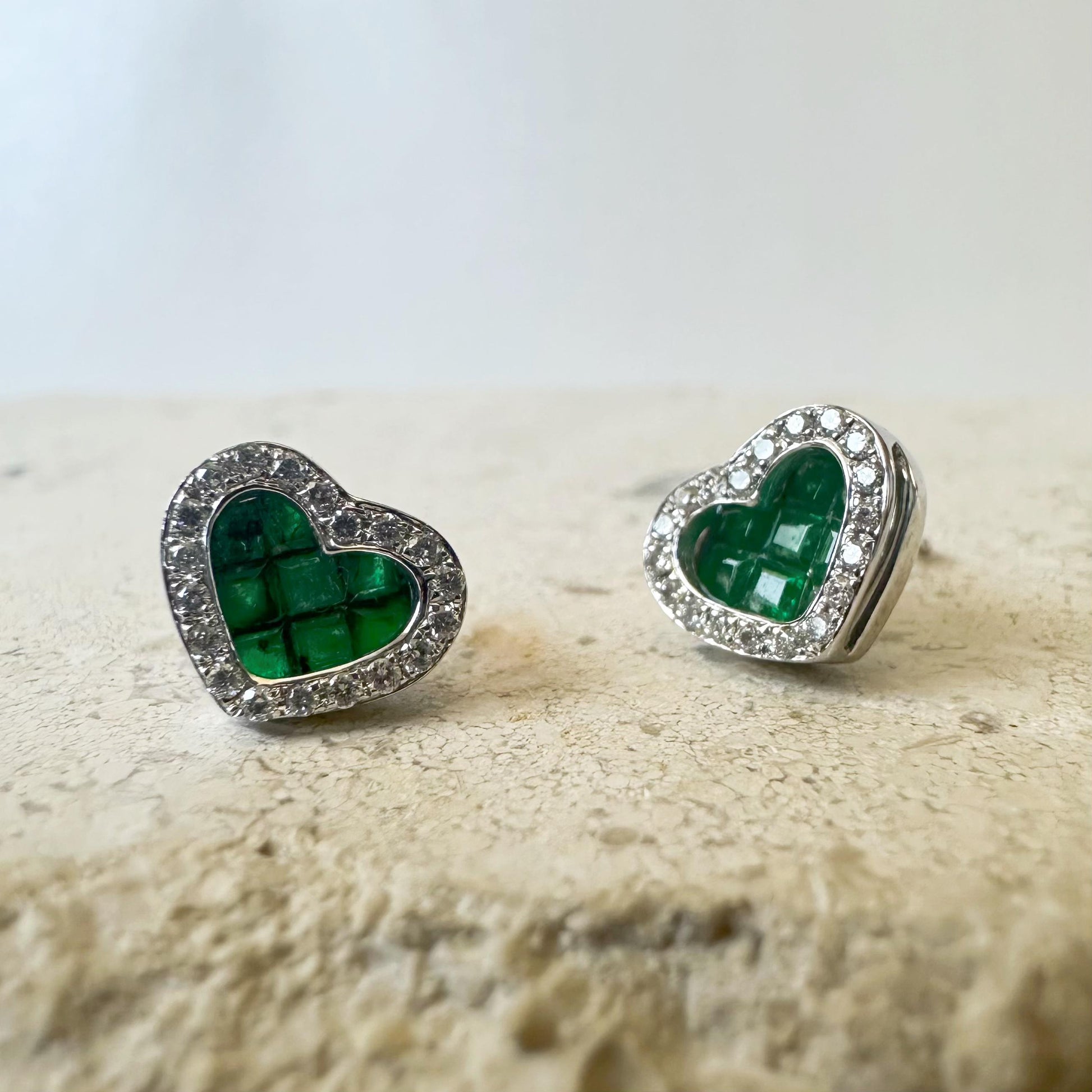 14K Solid Gold Genuine Emerald and Diamond Heart Studs/Pair