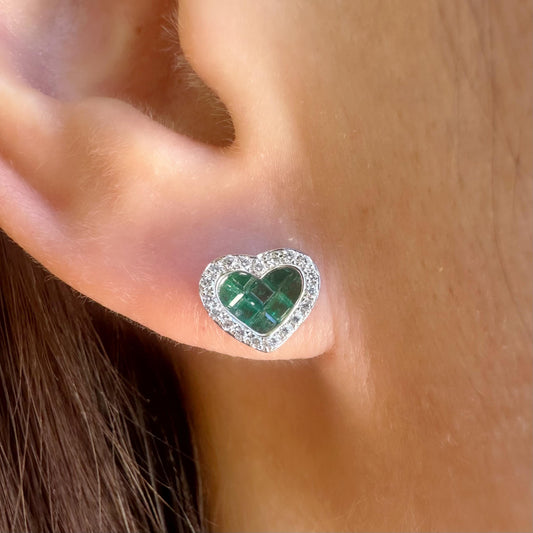 14K Solid Gold Genuine Emerald and Diamond Heart Studs/Pair