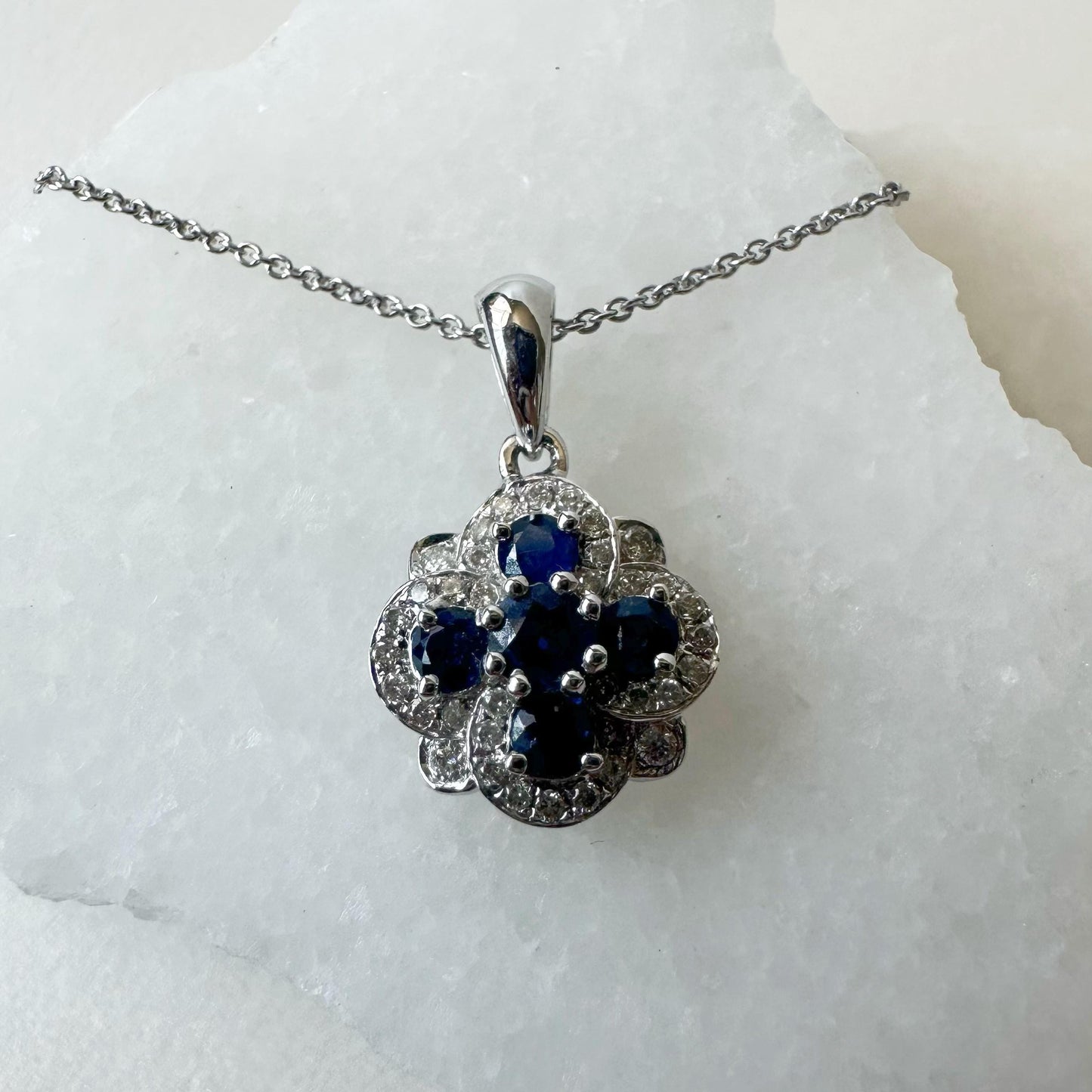 14K Solid White Gold Genuine Sapphire and Diamond Pendant