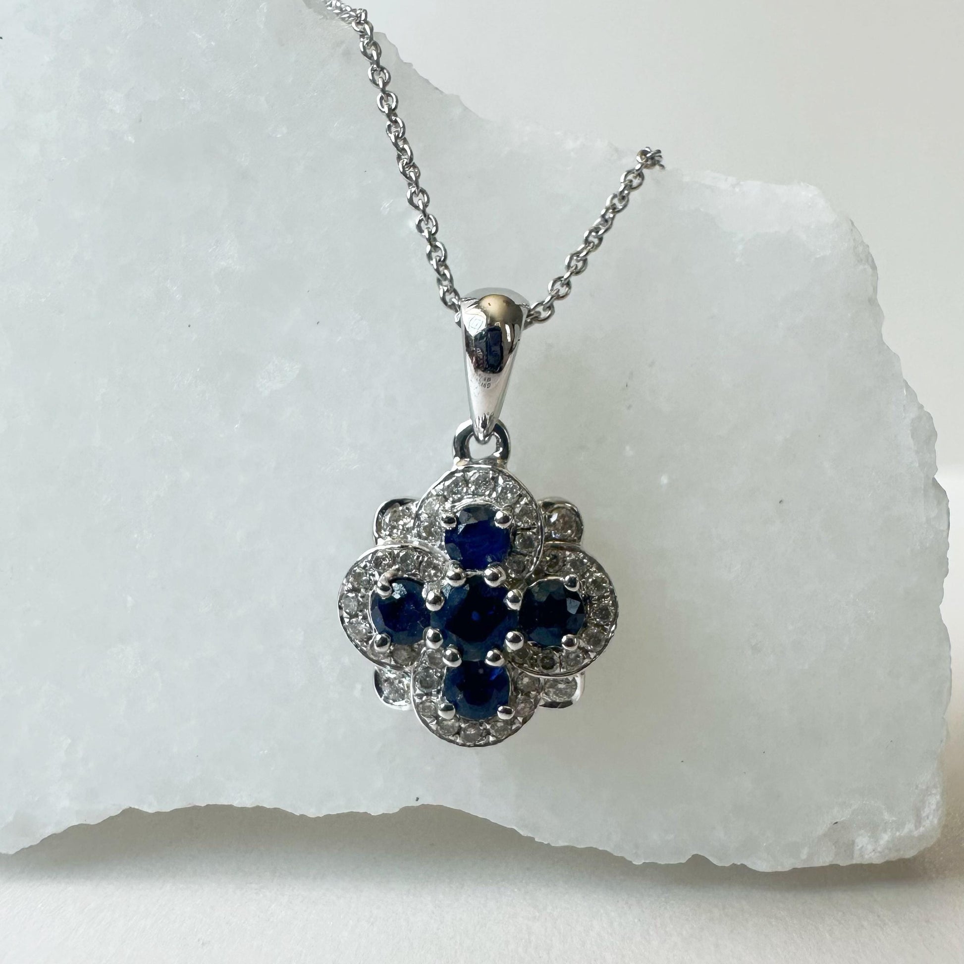 14K Solid White Gold Genuine Sapphire and Diamond Pendant