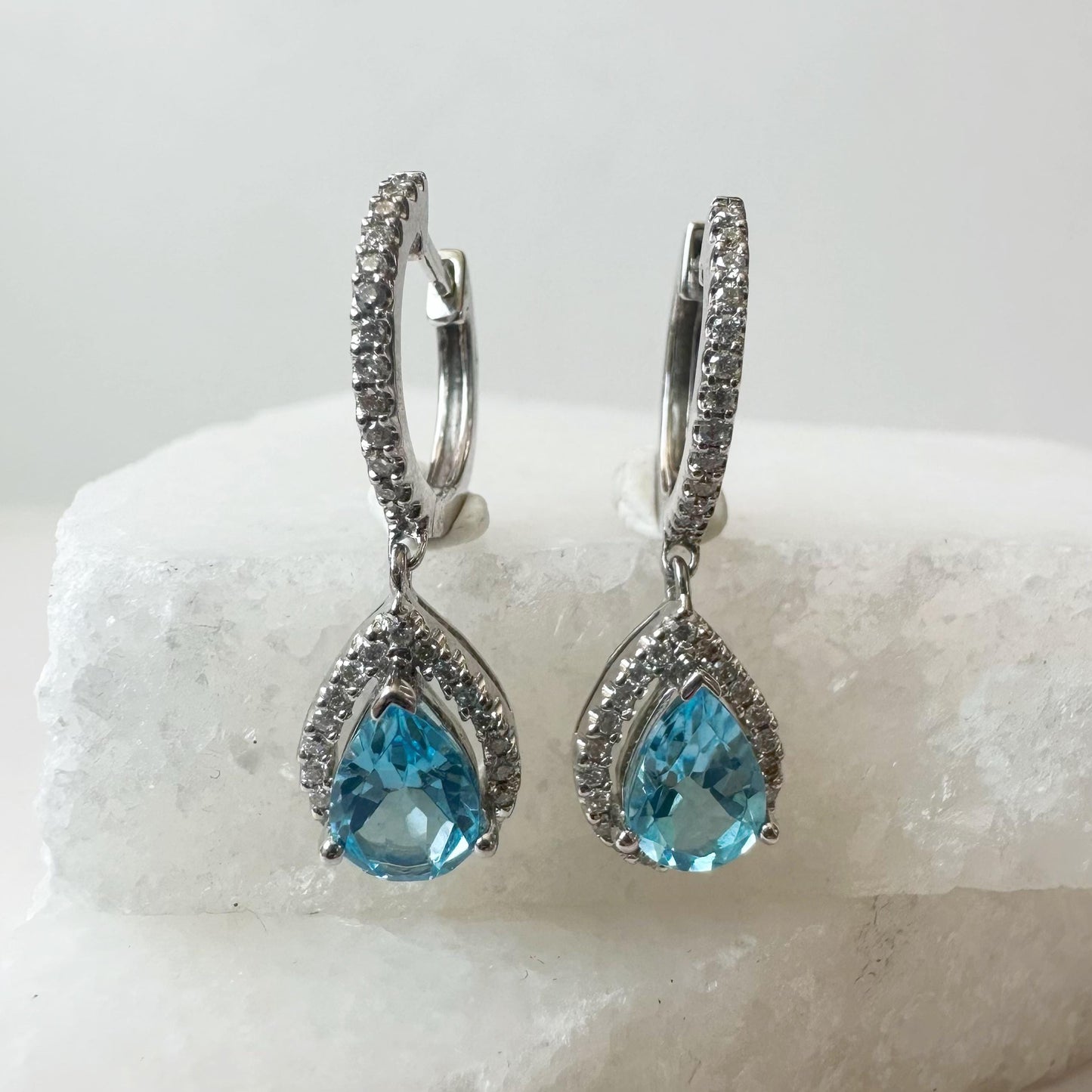 14K Solid White Gold Genuine Diamond and Blue Topaz Teardrop Dangle Earrings/Pair