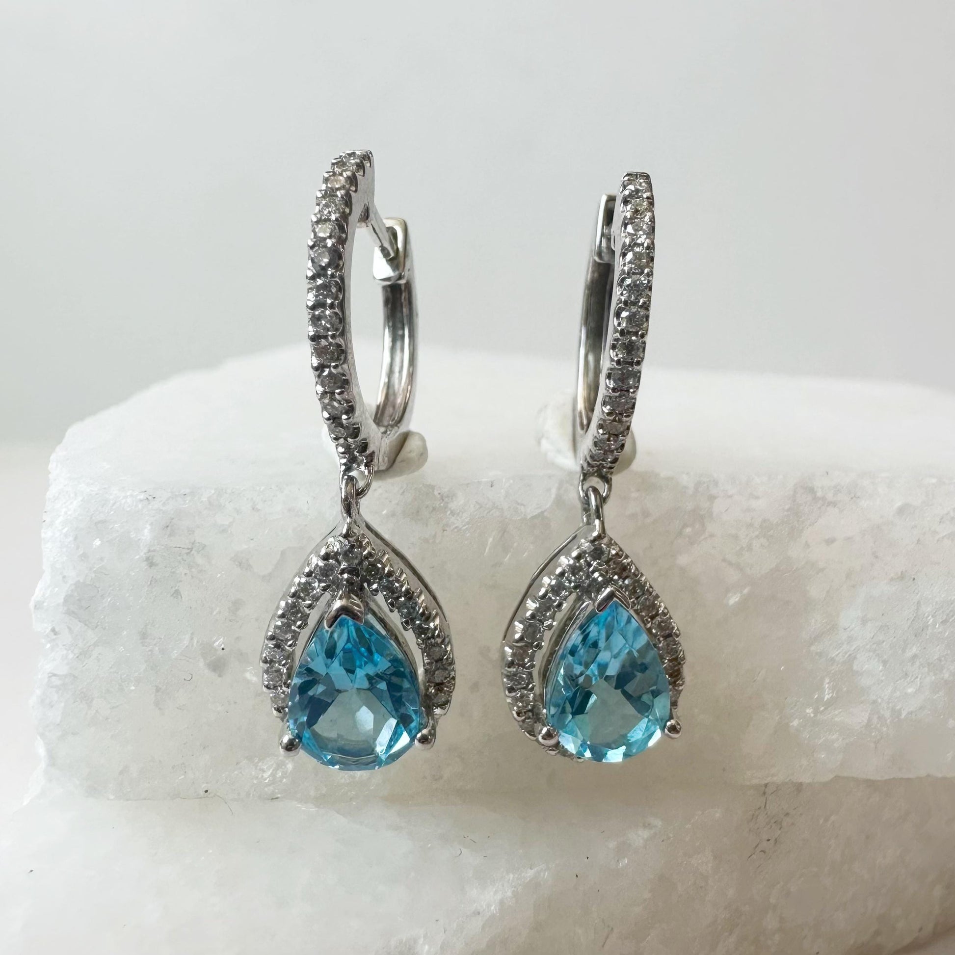 14K Solid White Gold Genuine Diamond and Blue Topaz Teardrop Dangle Earrings/Pair