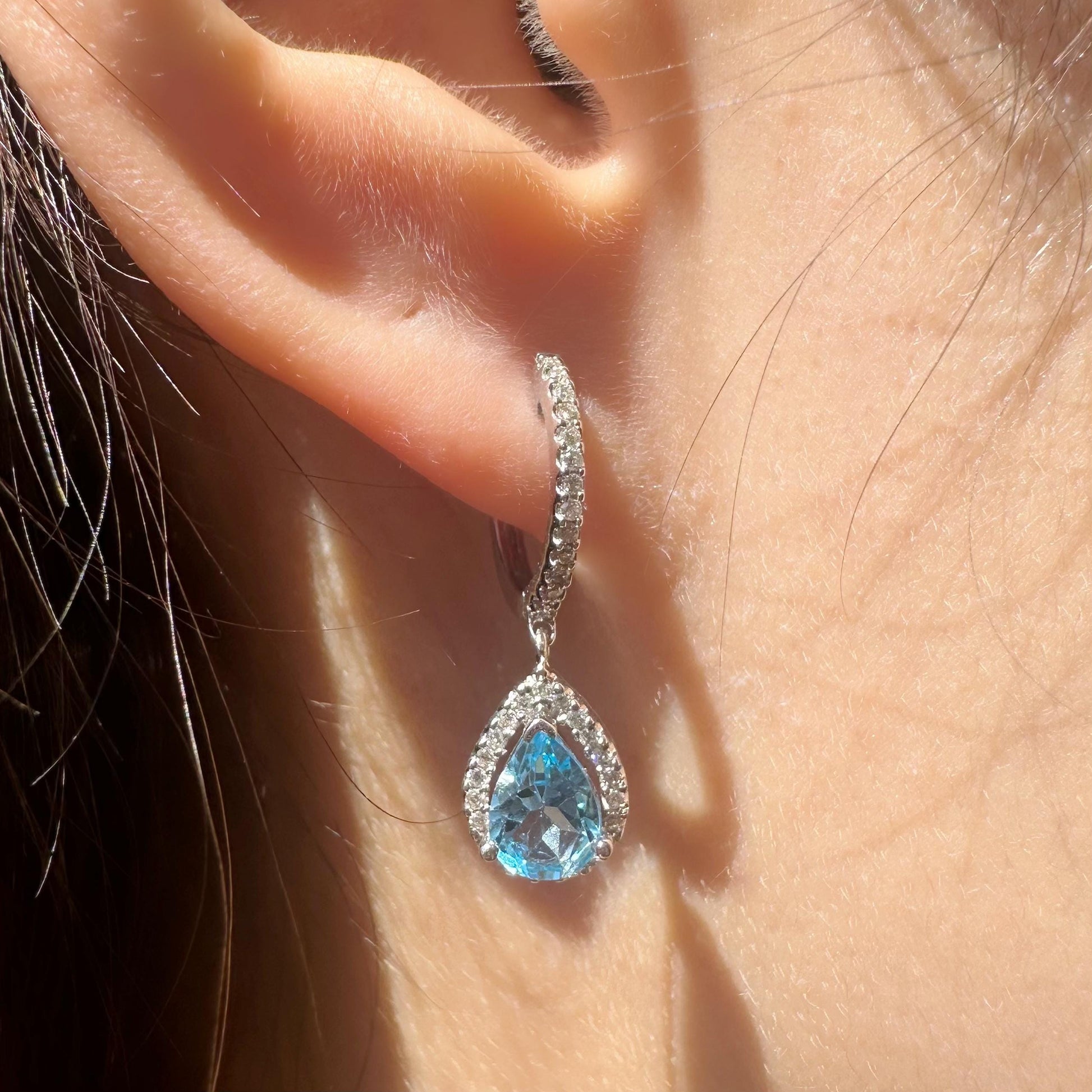 14K Solid White Gold Genuine Diamond and Blue Topaz Teardrop Dangle Earrings/Pair