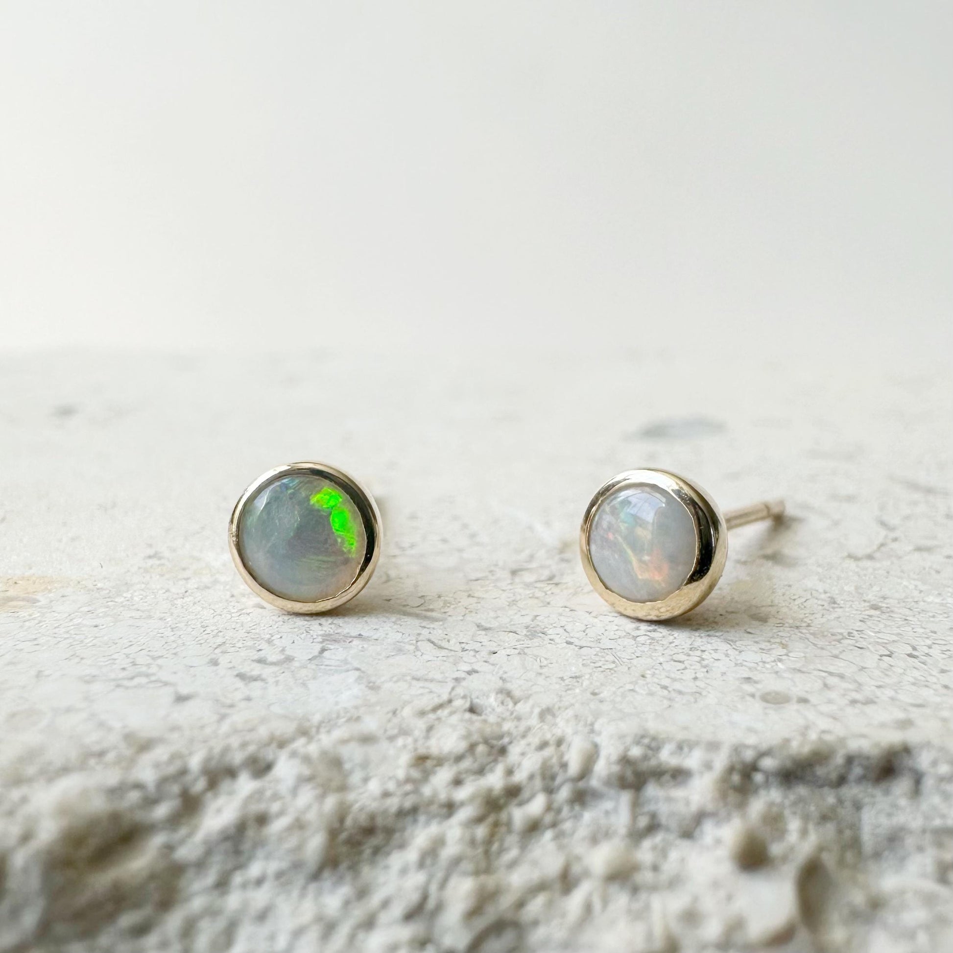 14K Solid Gold Genuine Bezel Opal Round Studs/Pair