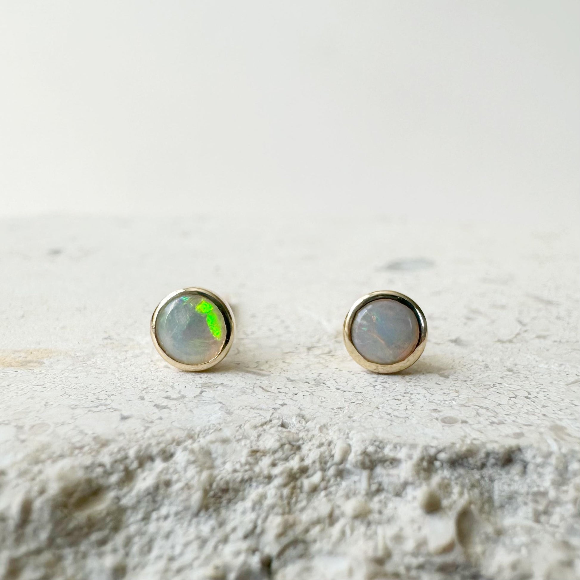 14K Solid Gold Genuine Bezel Opal Round Studs/Pair