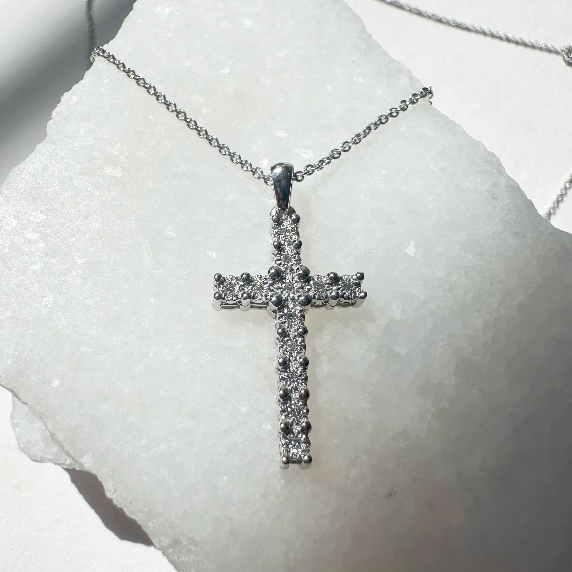 14K Solid White Gold Diamond Cross Pendant