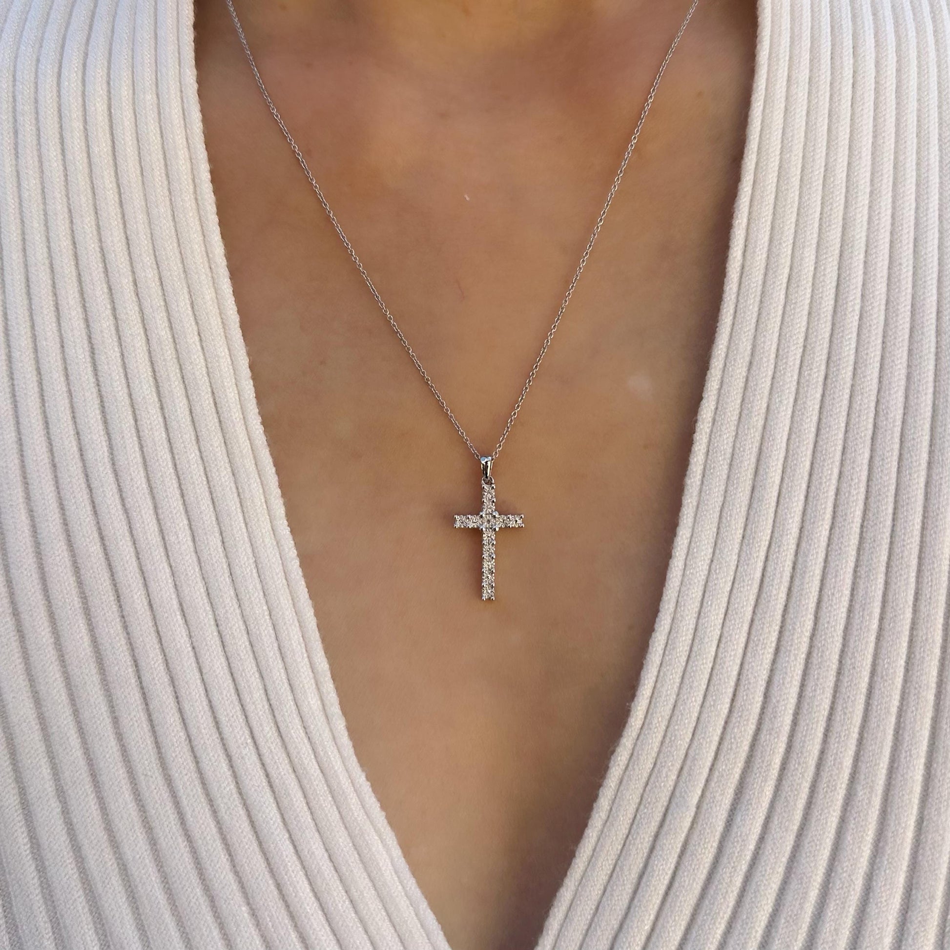 14K Solid White Gold Diamond Cross Pendant