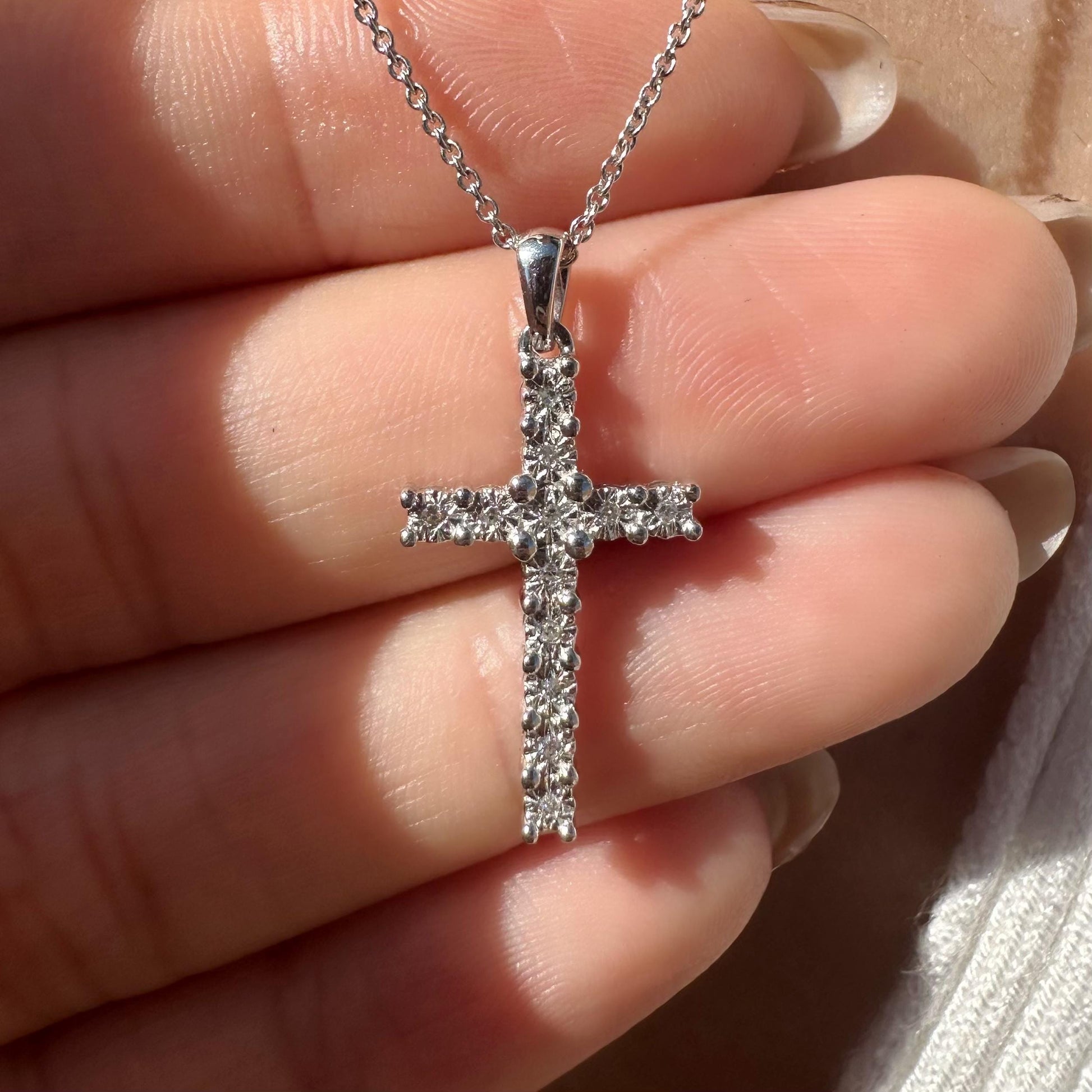 14K Solid White Gold Diamond Cross Pendant