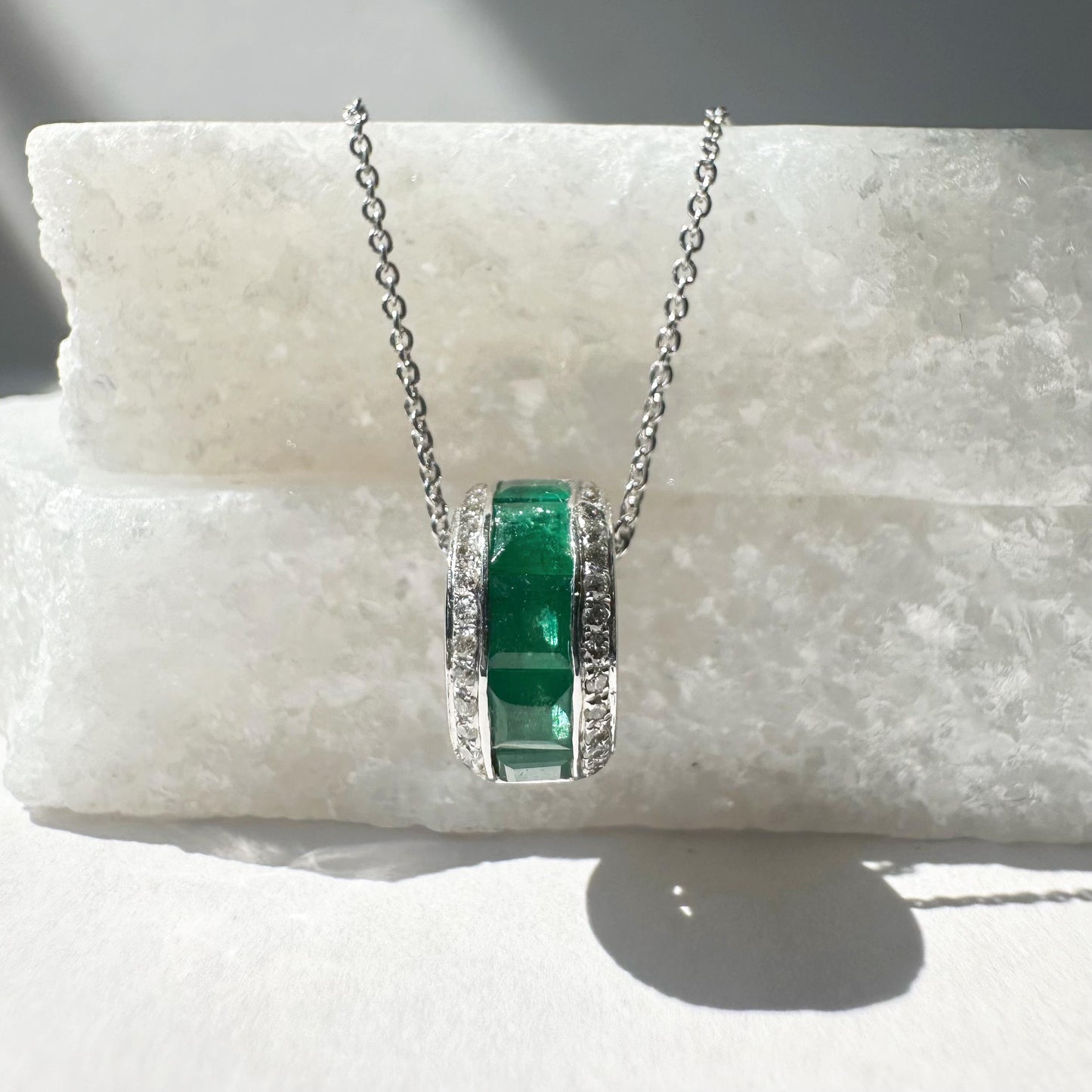 14K Solid White Gold Genuine Emerald and Diamond Barrel Pendant