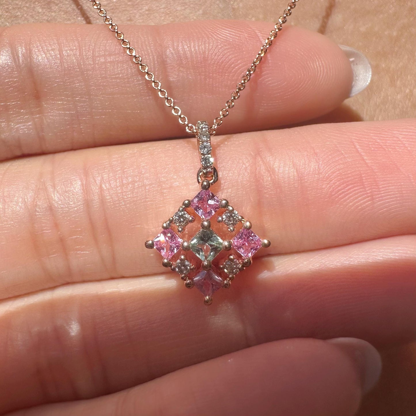 14K Solid Gold Genuine Pink Sapphire, Ruby and Diamond Pendant