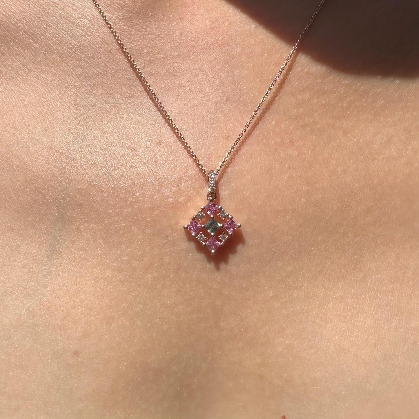 14K Solid Gold Genuine Pink Sapphire, Ruby and Diamond Pendant