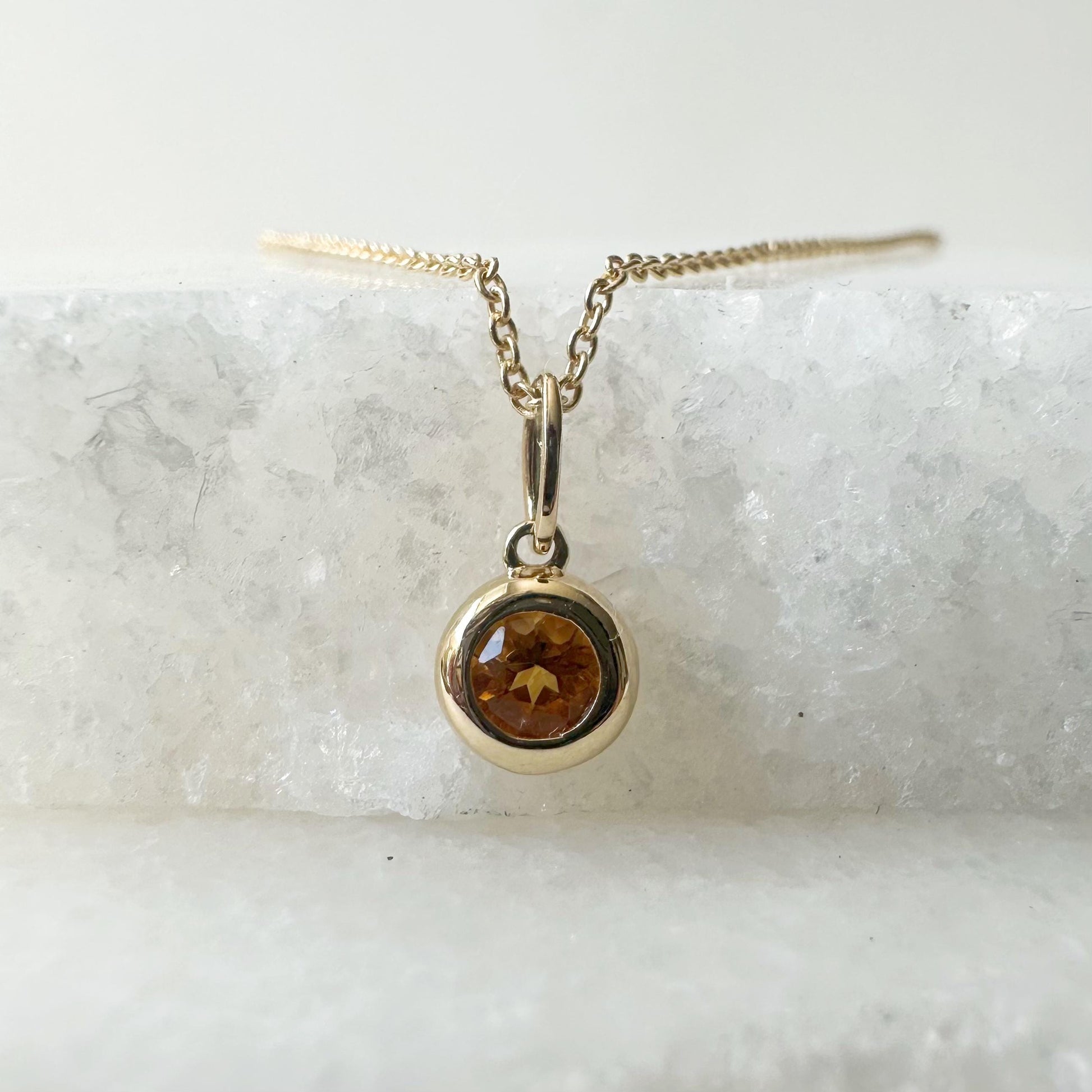 14K Solid Gold Genuine Bezel Citrine Pendant