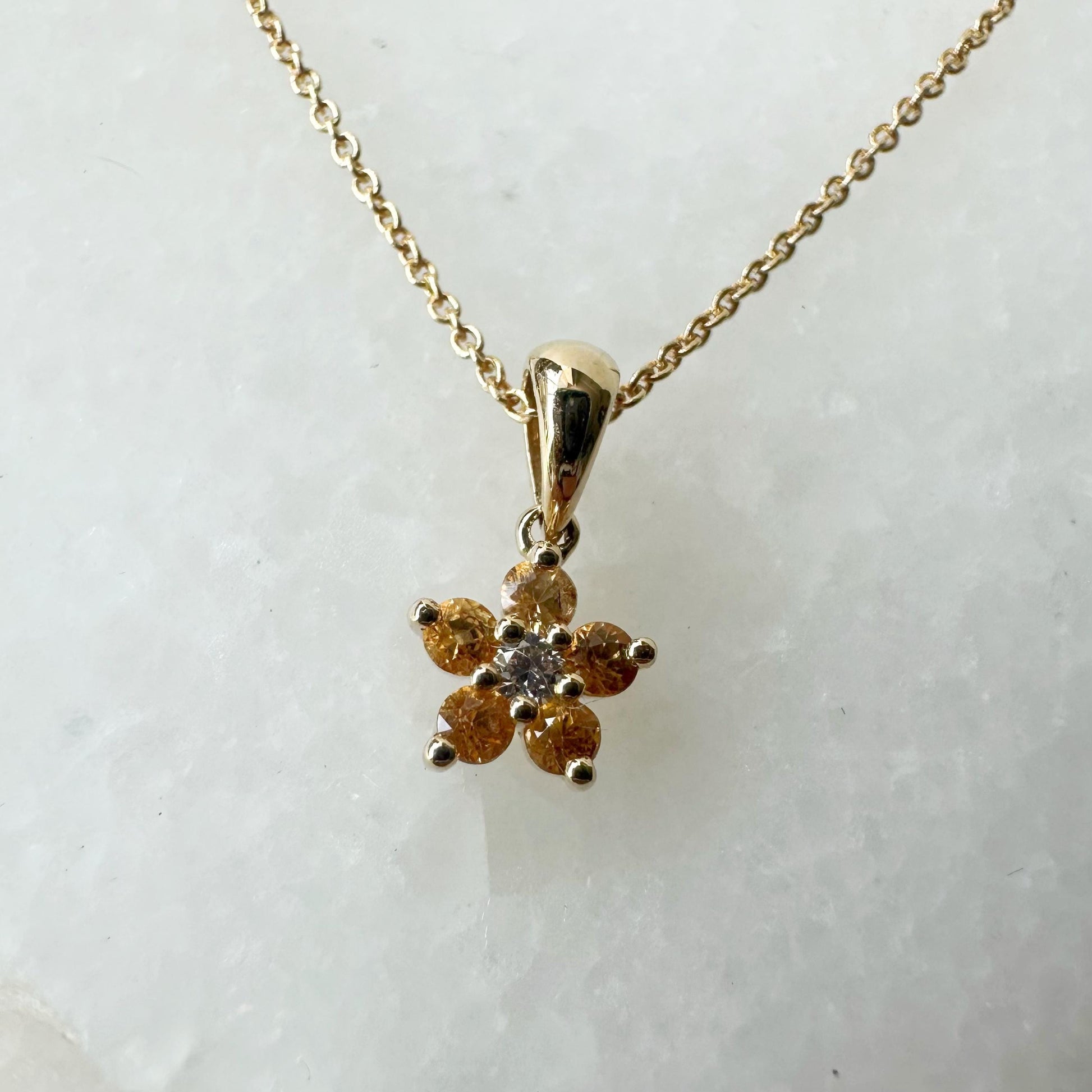 14K Solid Gold Genuine Orange Sapphire and Diamond Flower Pendant