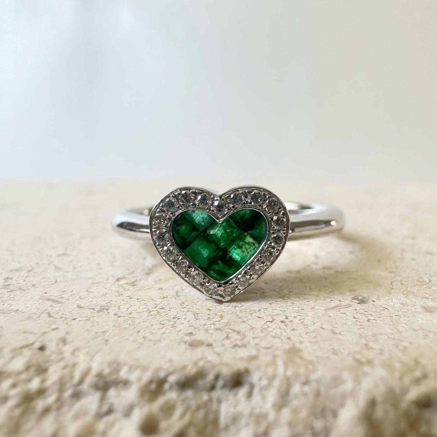 14K Solid White Gold Genuine Emerald and Diamond Heart Ring