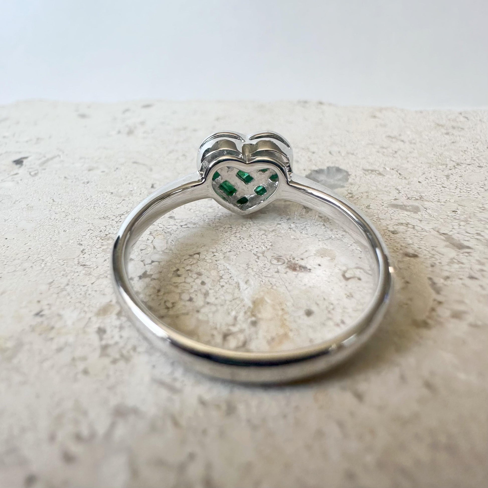 14K Solid White Gold Genuine Emerald and Diamond Heart Ring