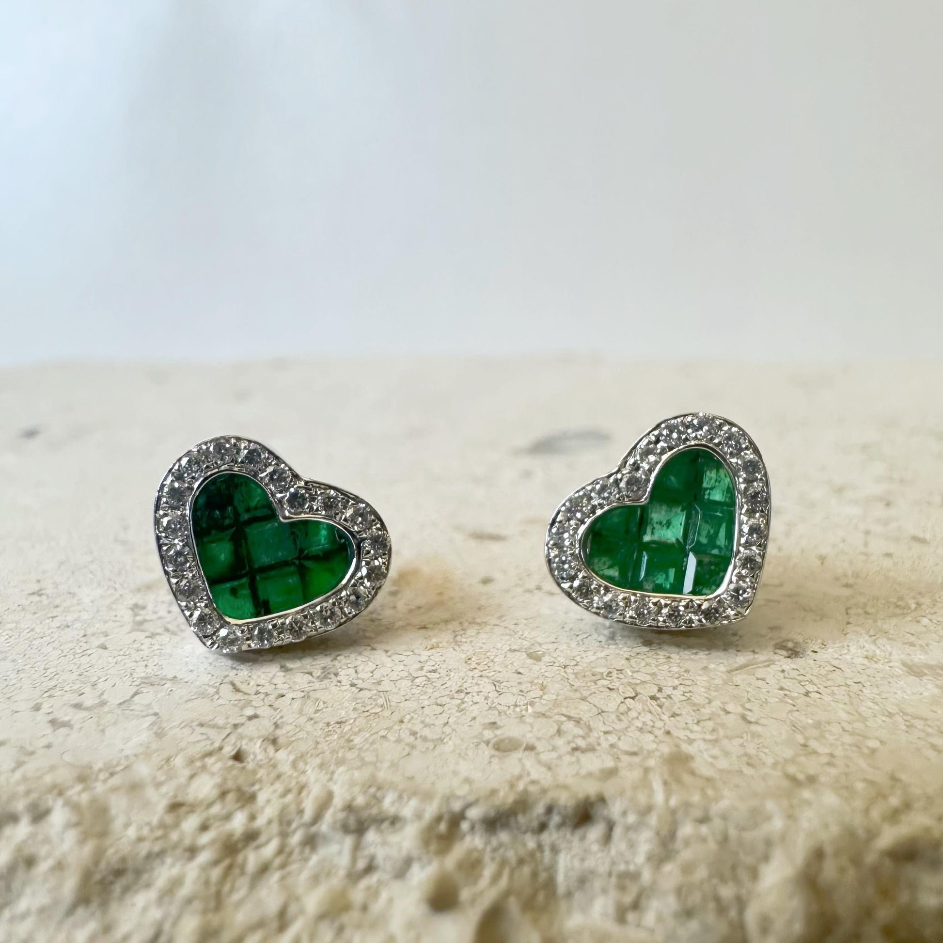 14K Solid Gold Genuine Emerald and Diamond Heart Studs/Pair