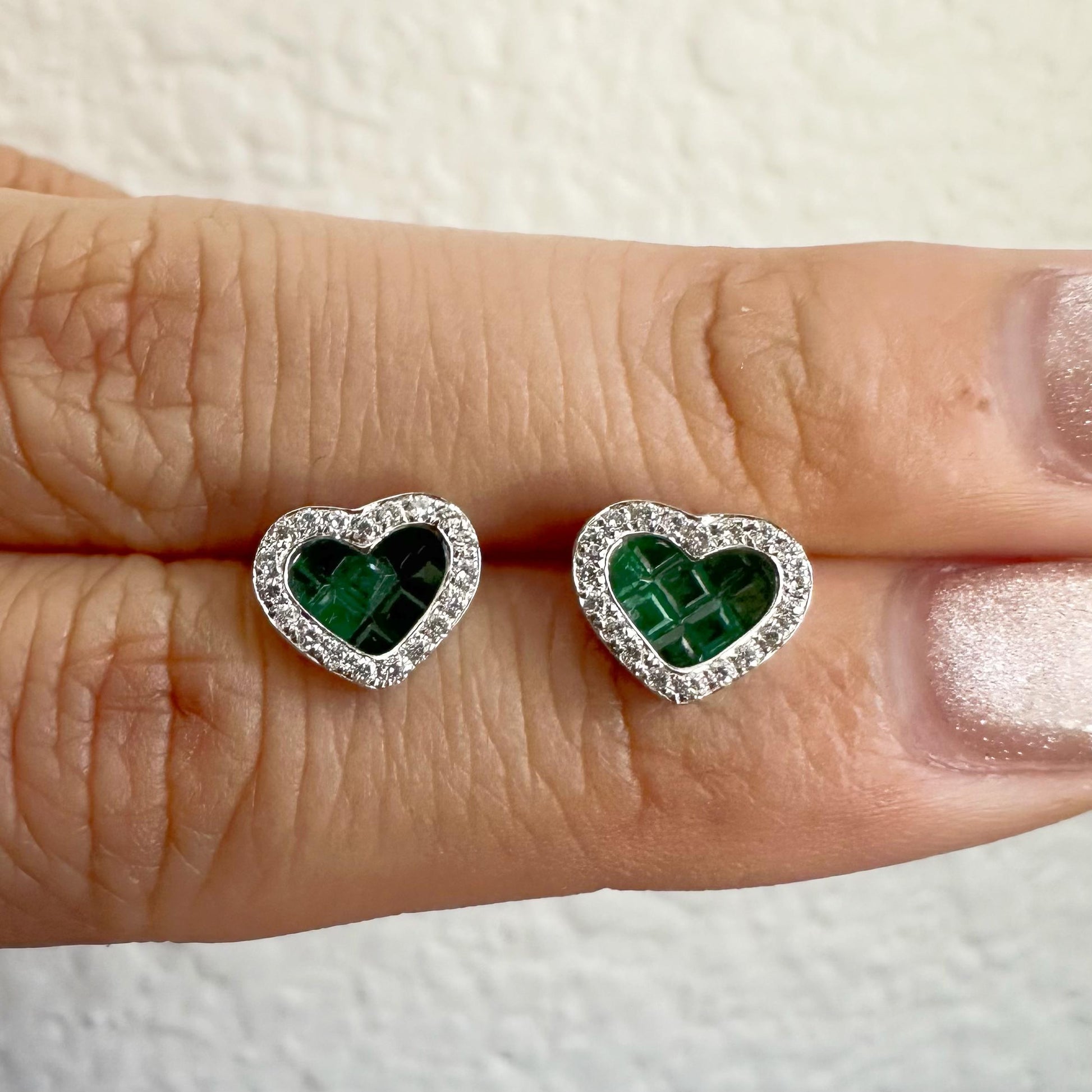 14K Solid Gold Genuine Emerald and Diamond Heart Studs/Pair