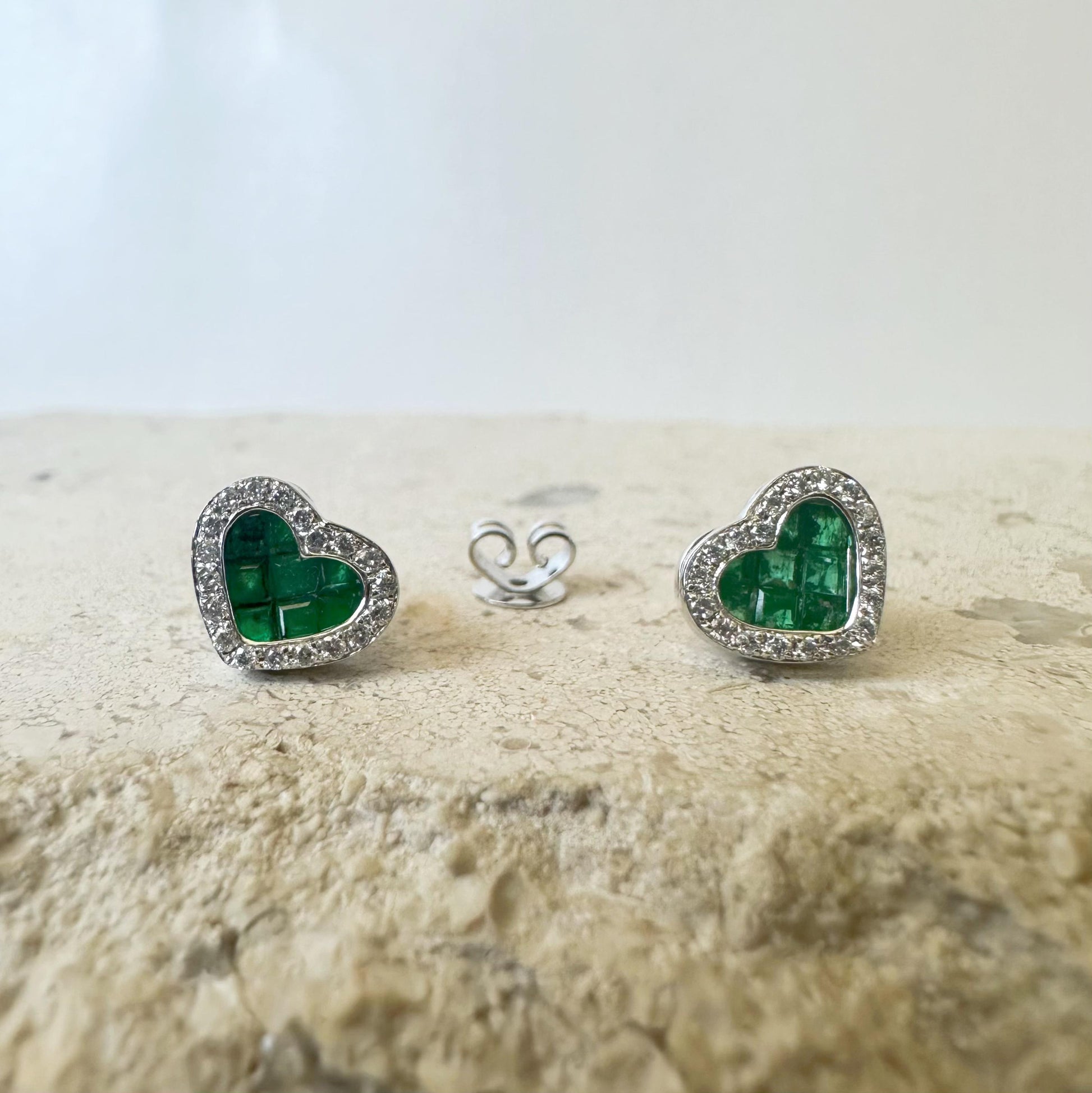 14K Solid Gold Genuine Emerald and Diamond Heart Studs/Pair